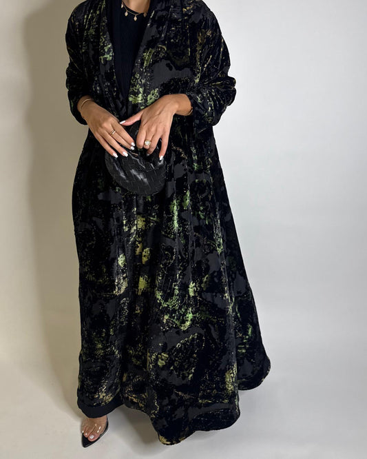 A508 - Black/ Green Velvet Pattern Abaya