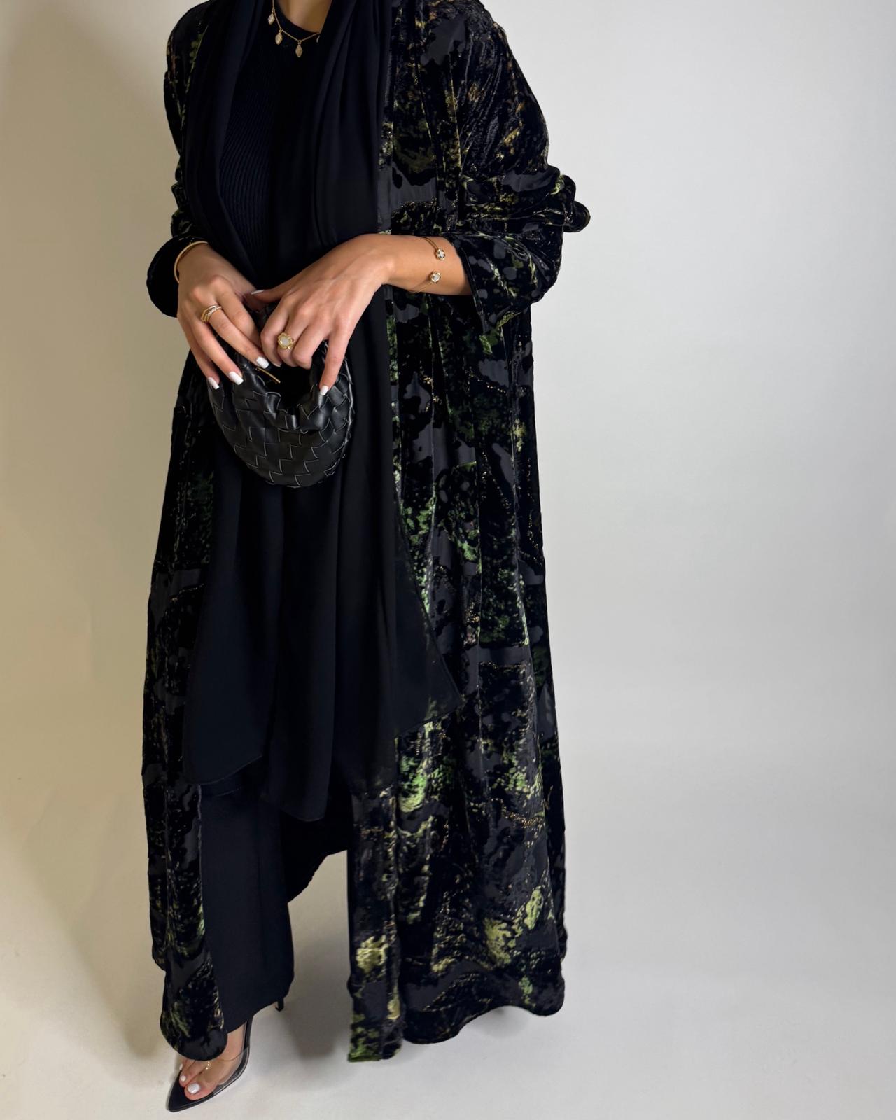 A508 - Black/ Green Velvet Pattern Abaya
