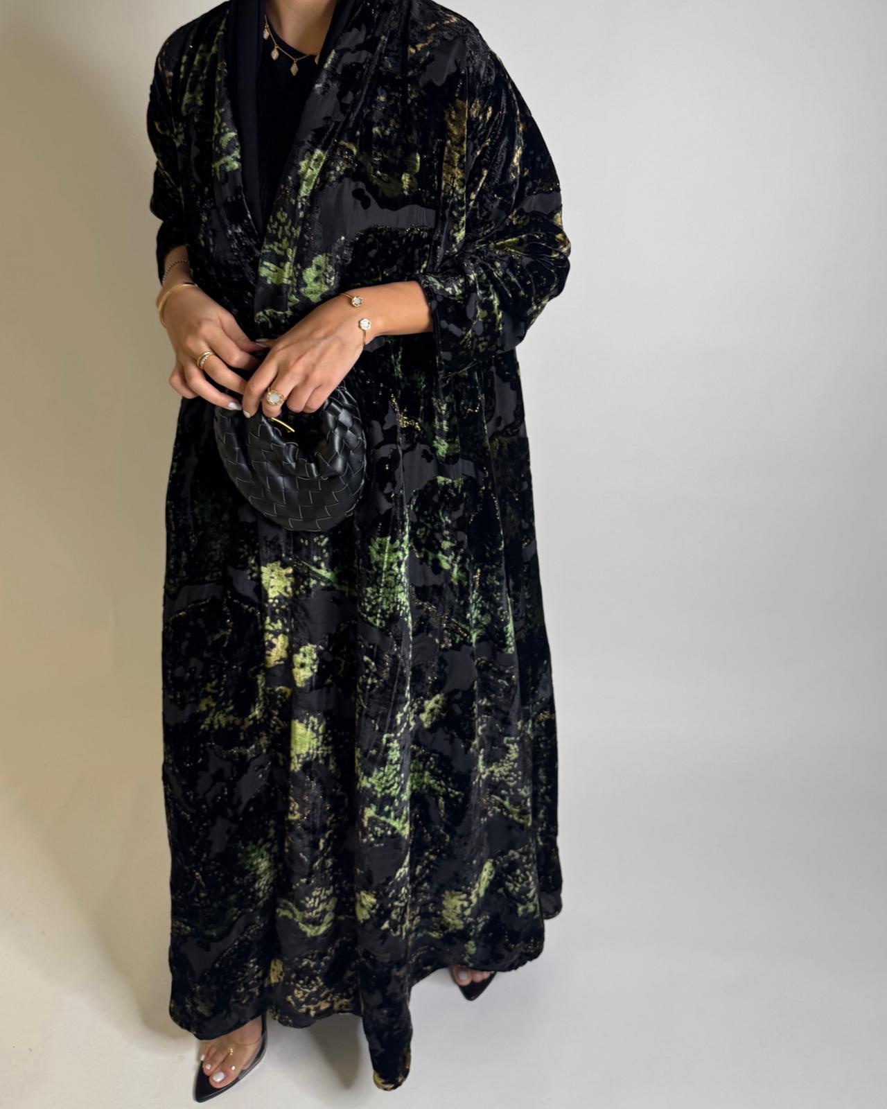 A508 - Black/ Green Velvet Pattern Abaya