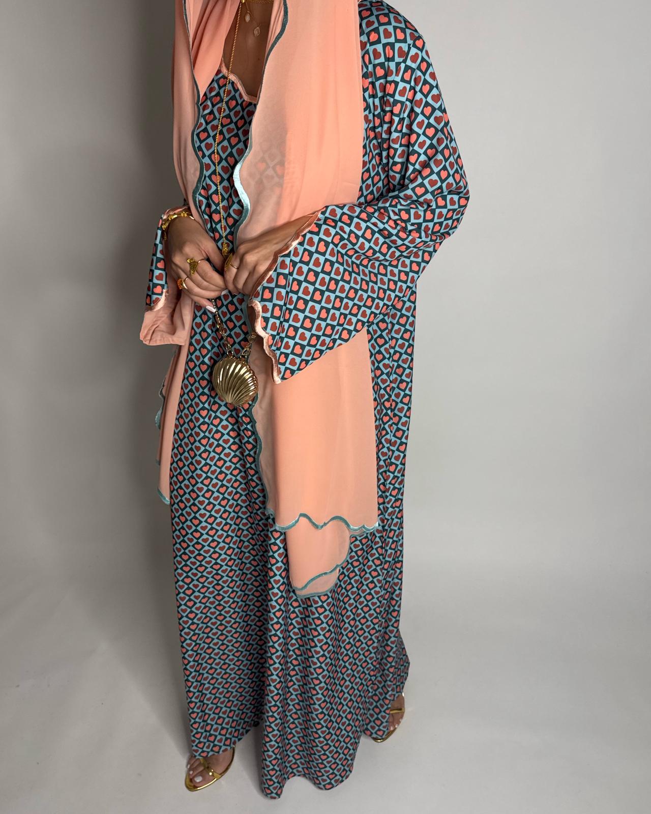 A513 - Blue & Peach Heart Pattern Jalabiya and Head Scarf