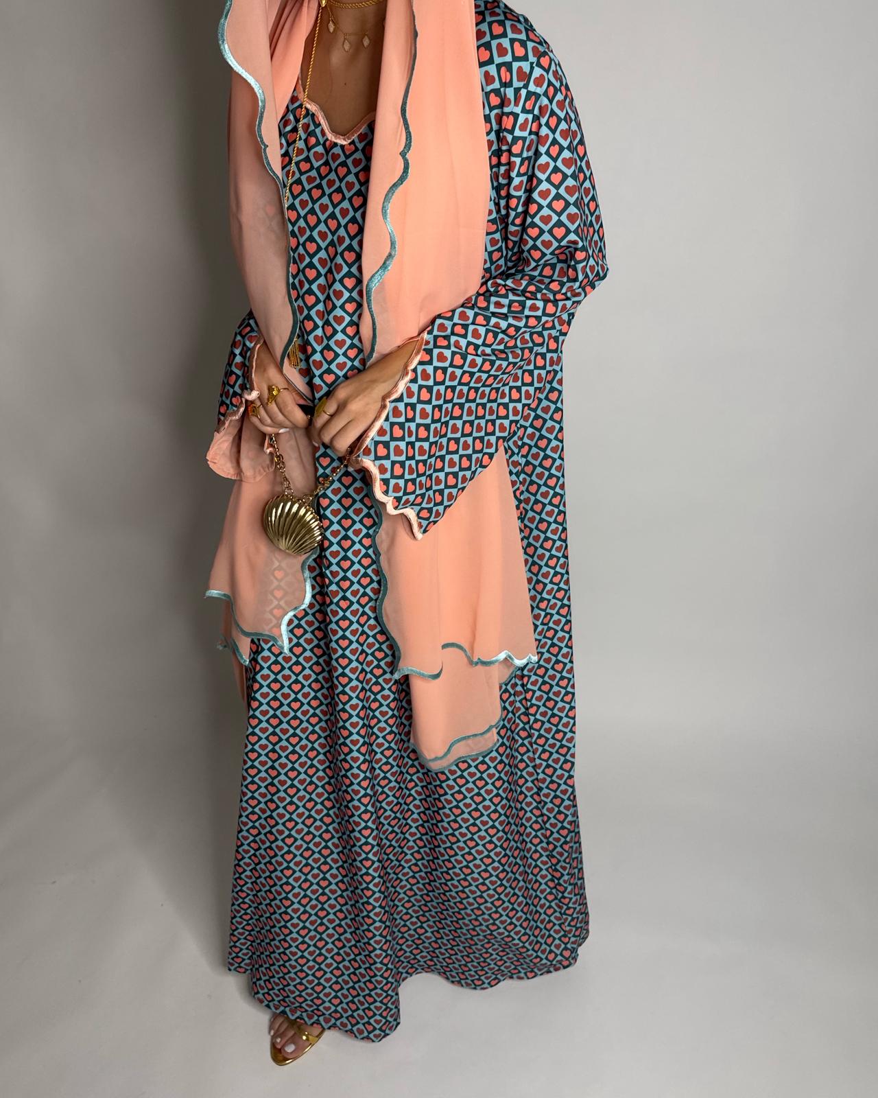 A513 - Blue & Peach Heart Pattern Jalabiya and Head Scarf