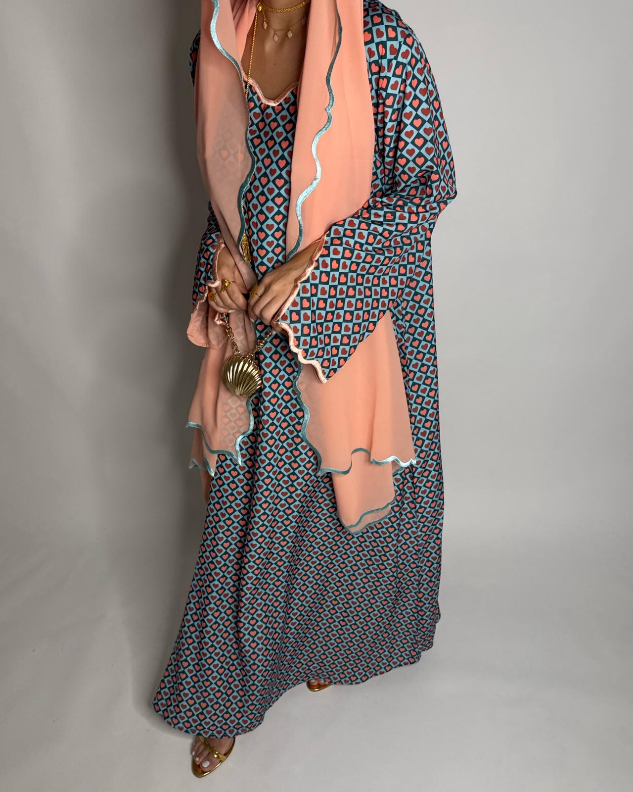 A513 - Blue & Peach Heart Pattern Jalabiya and Head Scarf
