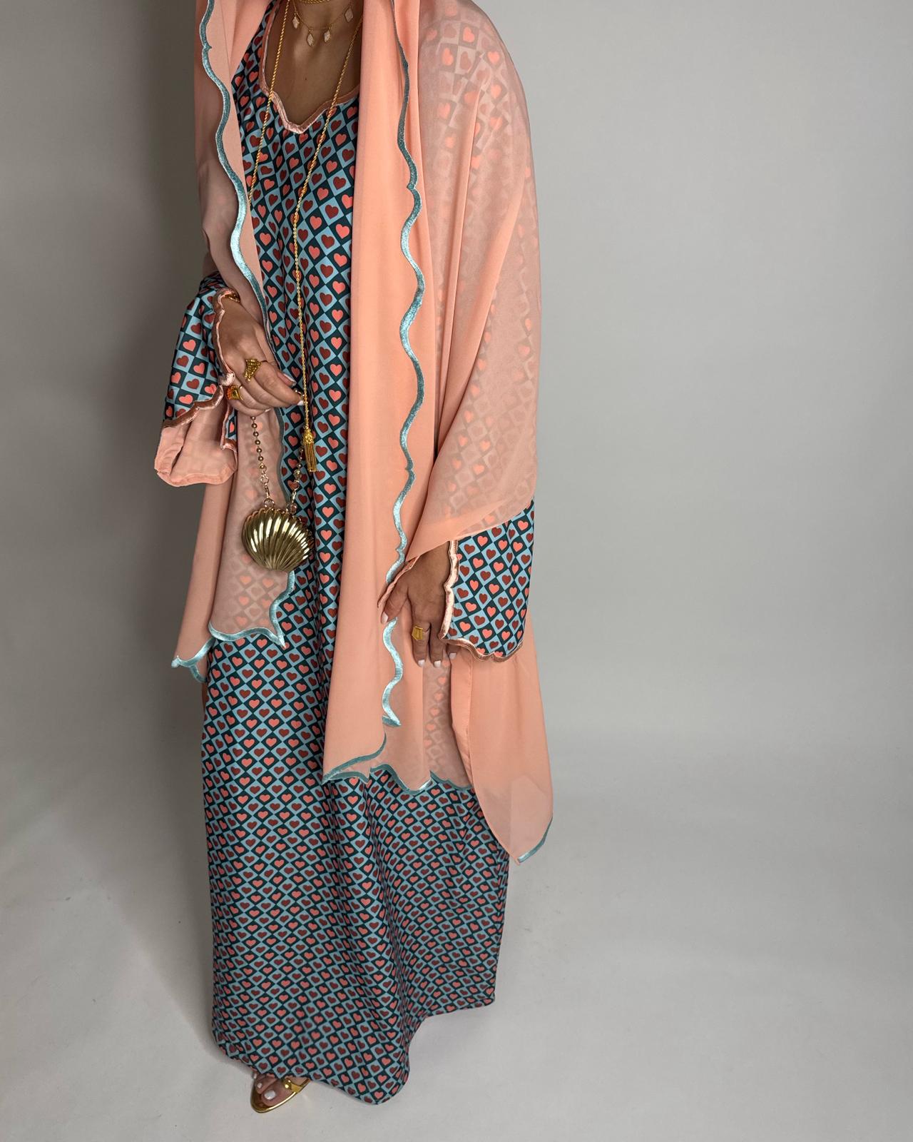 A513 - Blue & Peach Heart Pattern Jalabiya and Head Scarf