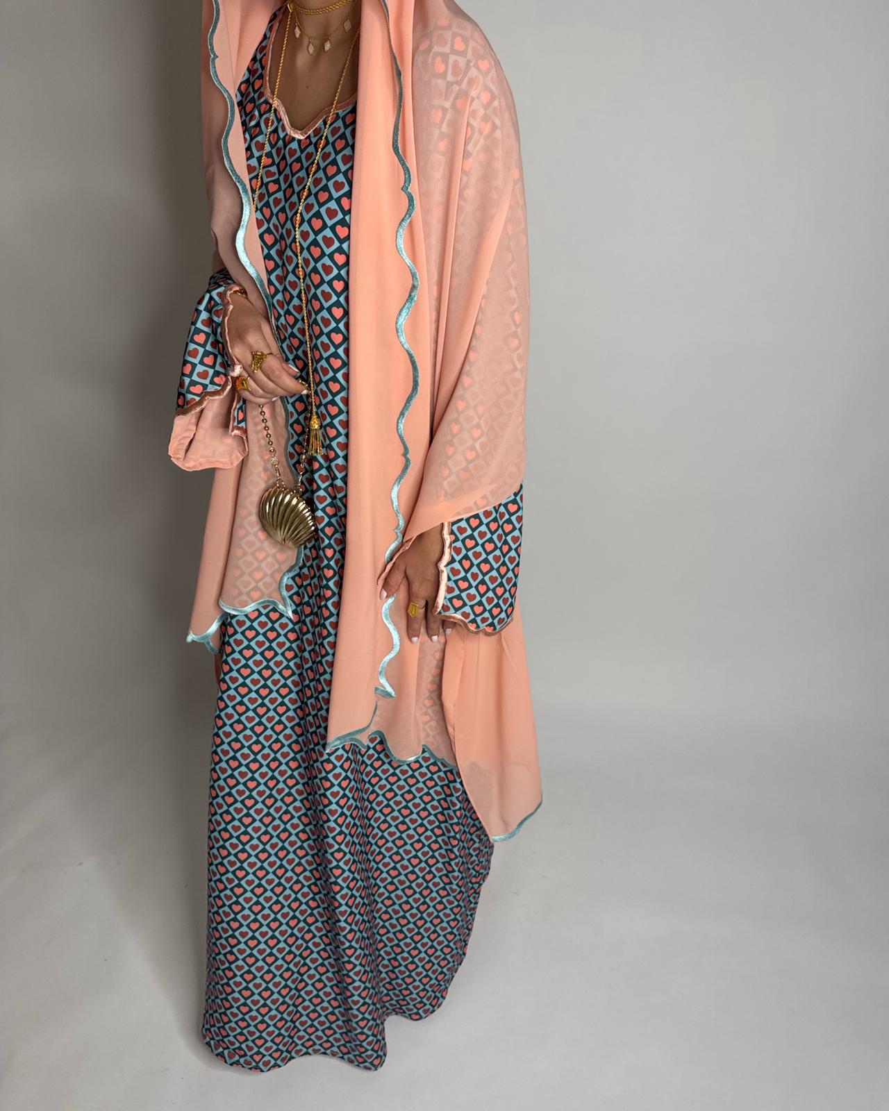 A513 - Blue & Peach Heart Pattern Jalabiya and Head Scarf