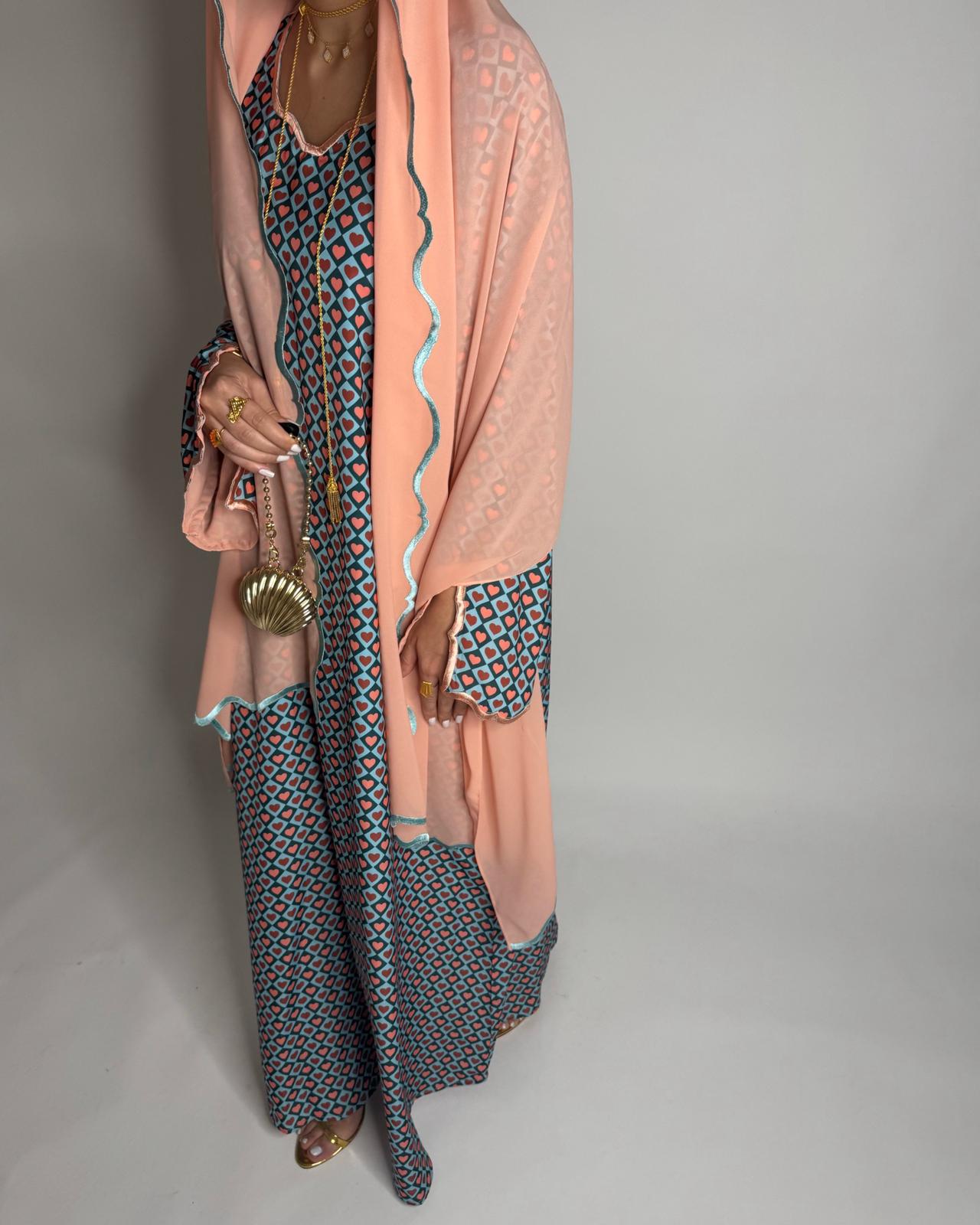 A513 - Blue & Peach Heart Pattern Jalabiya and Head Scarf