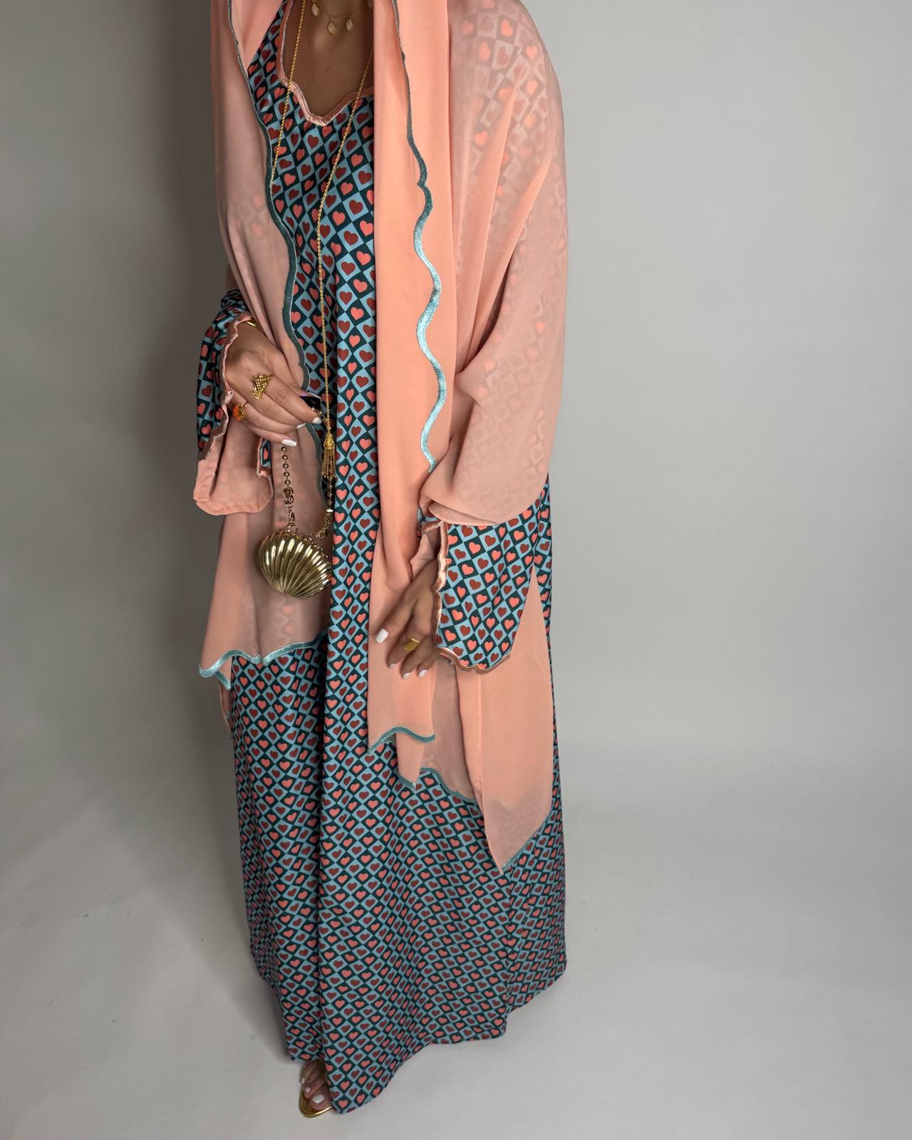 A513 - Blue & Peach Heart Pattern Jalabiya and Head Scarf