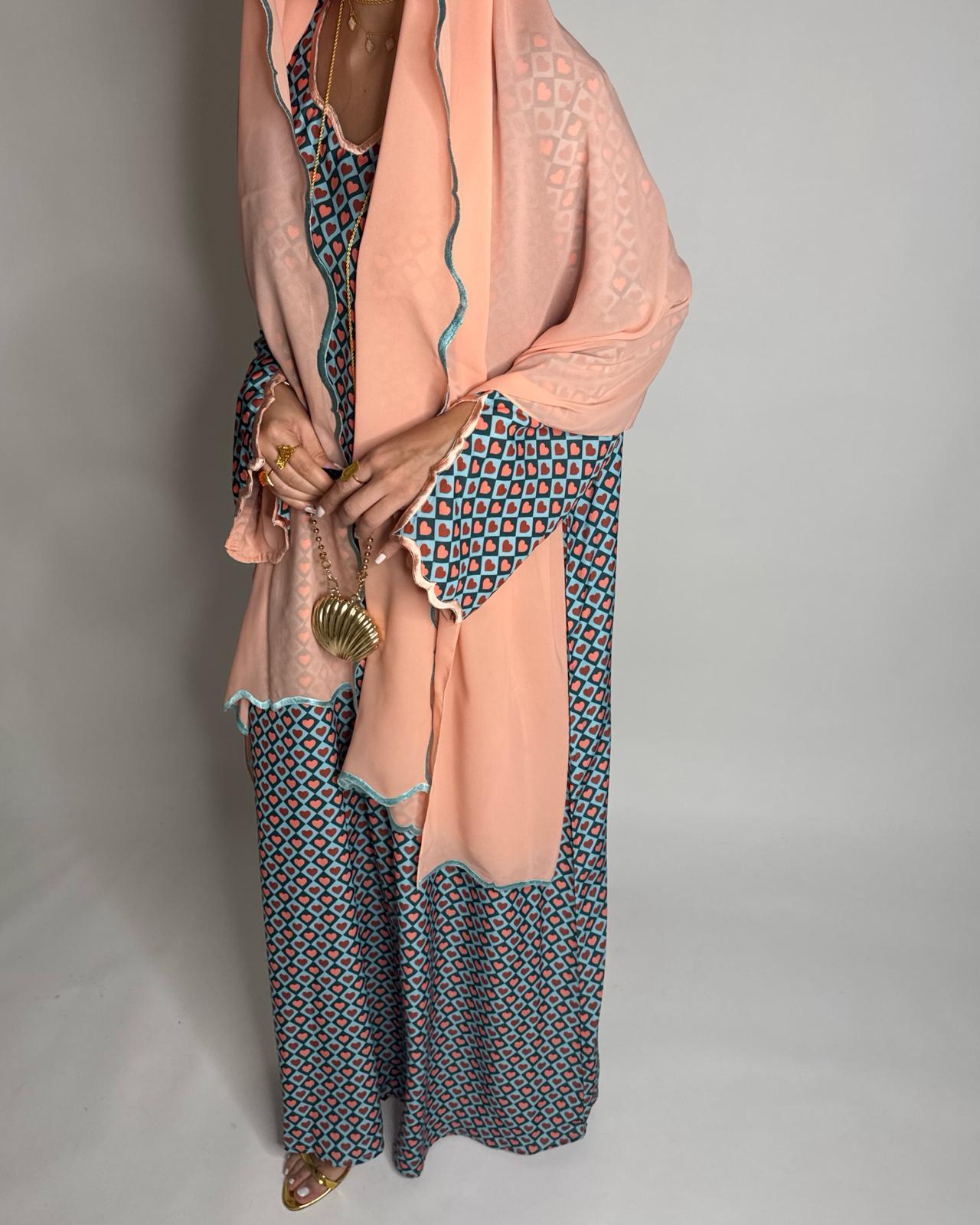 A513 - Blue & Peach Heart Pattern Jalabiya and Head Scarf