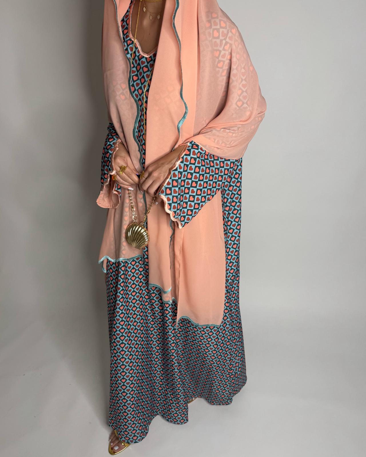 A513 - Blue & Peach Heart Pattern Jalabiya and Head Scarf