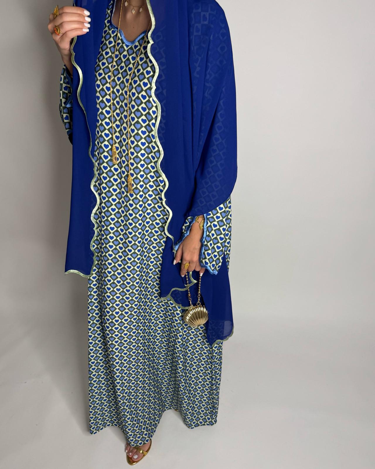 A509 - Blue & Green Heart Pattern Jalabiya and Head Scarf