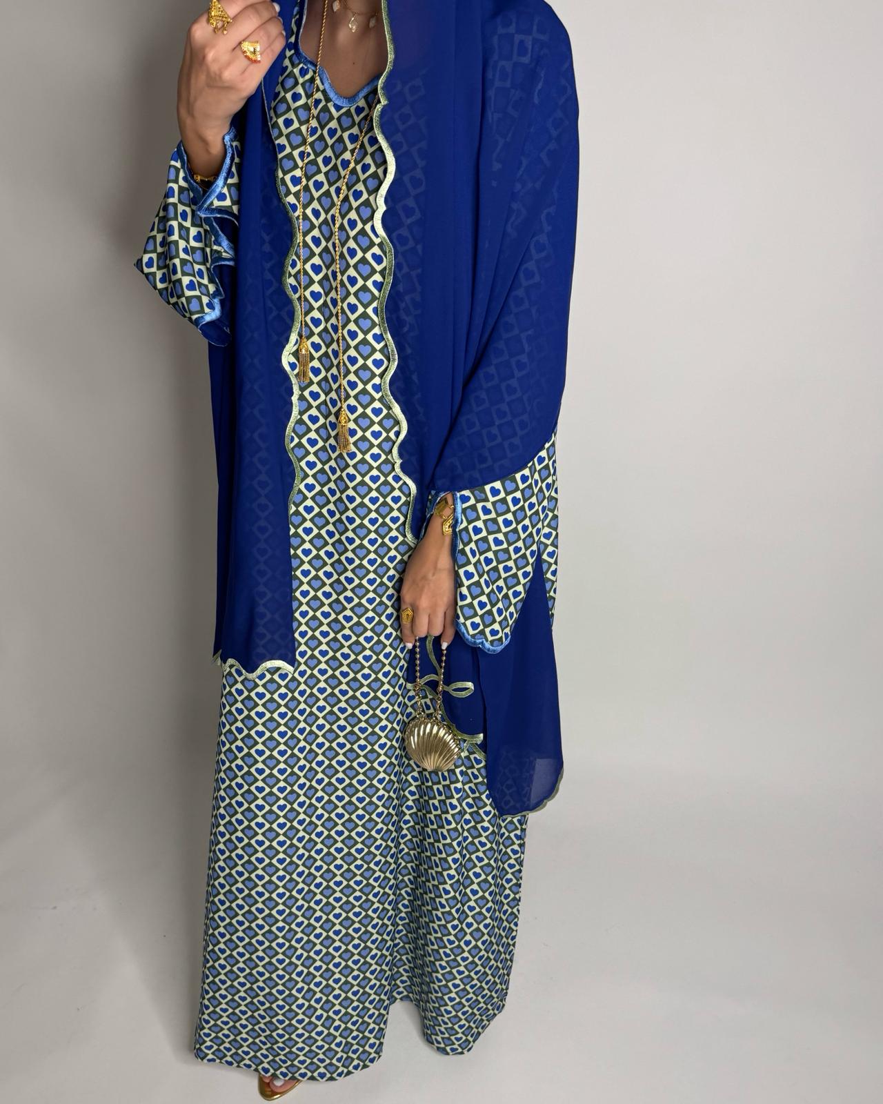 A509 - Blue & Green Heart Pattern Jalabiya and Head Scarf