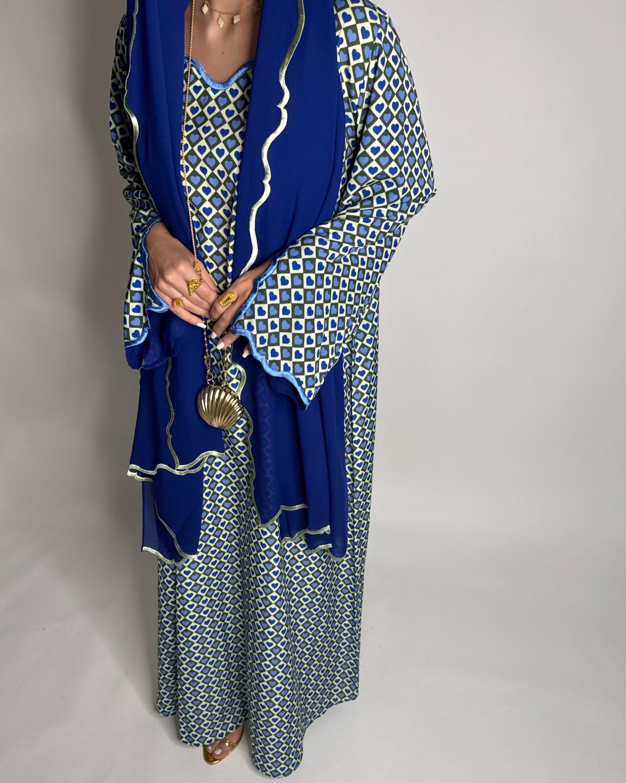 A509 - Blue & Green Heart Pattern Jalabiya and Head Scarf