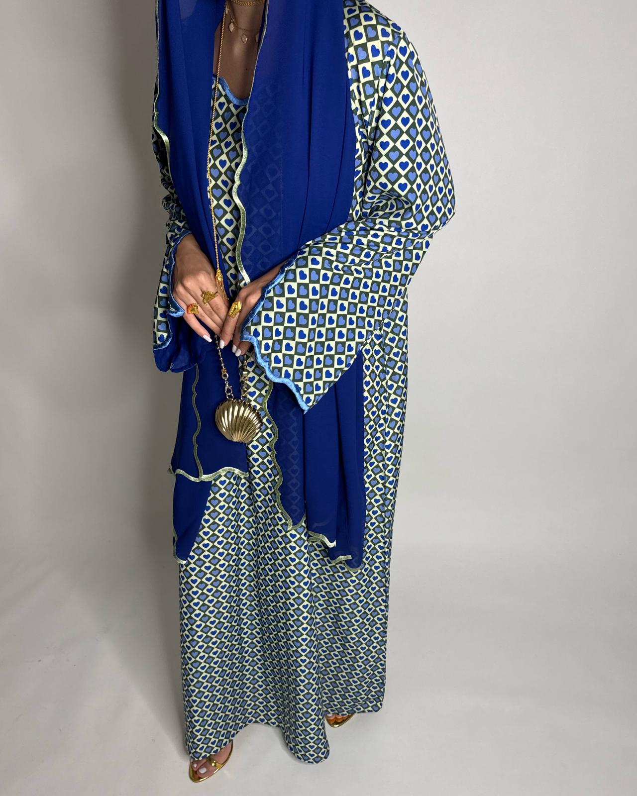 A509 - Blue & Green Heart Pattern Jalabiya and Head Scarf