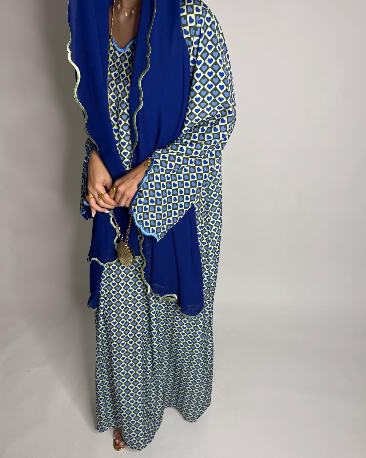 A509 - Blue & Green Heart Pattern Jalabiya and Head Scarf