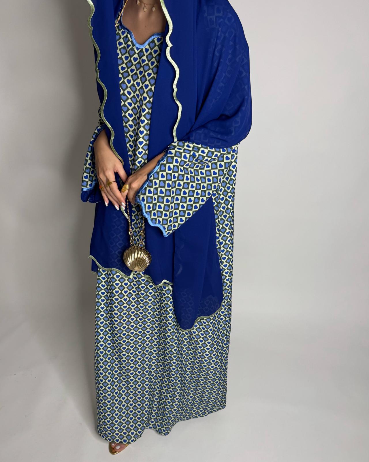 A509 - Blue & Green Heart Pattern Jalabiya and Head Scarf