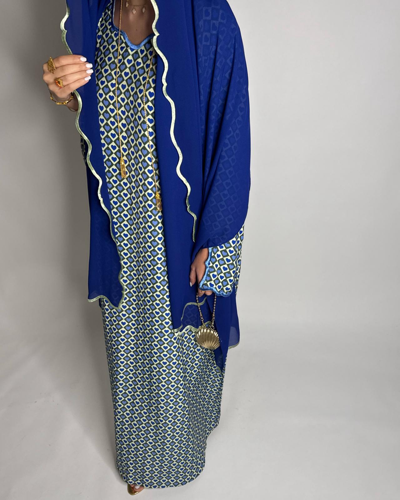 A509 - Blue & Green Heart Pattern Jalabiya and Head Scarf