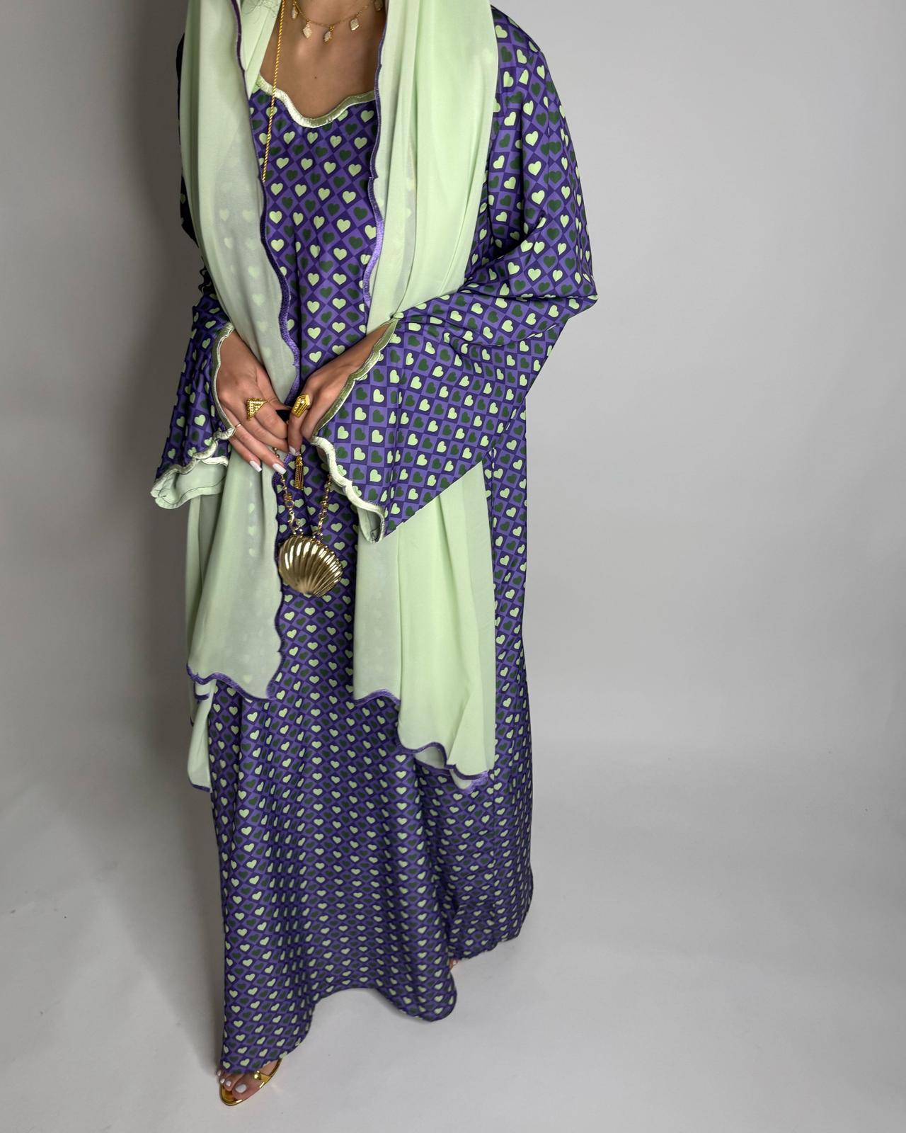 A511 - Purple & Green Heart Pattern Jalabiya and Head Scarf