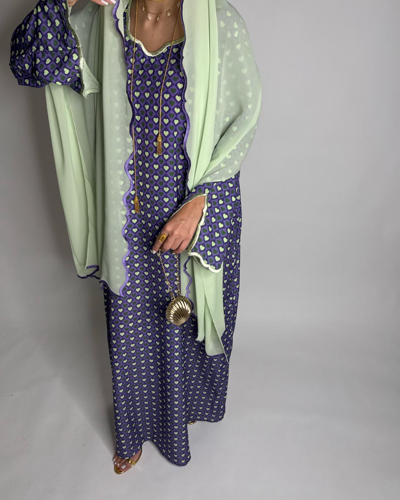 A511 - Purple & Green Heart Pattern Jalabiya and Head Scarf