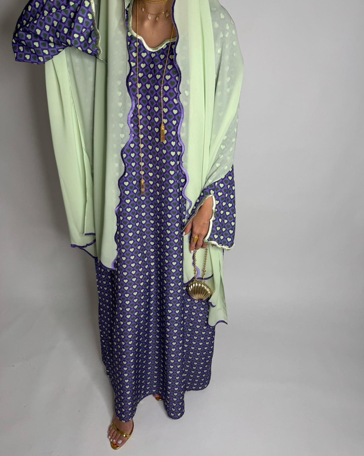 A511 - Purple & Green Heart Pattern Jalabiya and Head Scarf