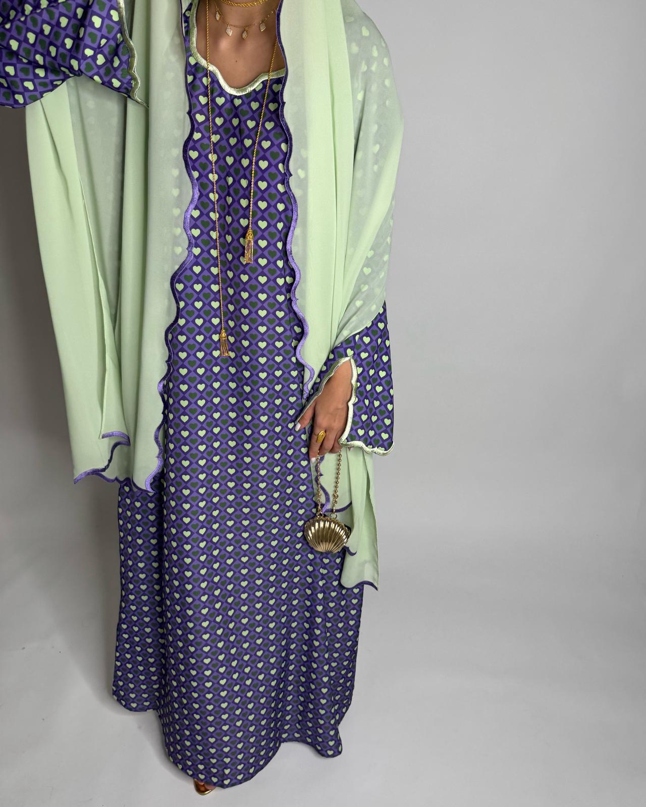 A511 - Purple & Green Heart Pattern Jalabiya and Head Scarf