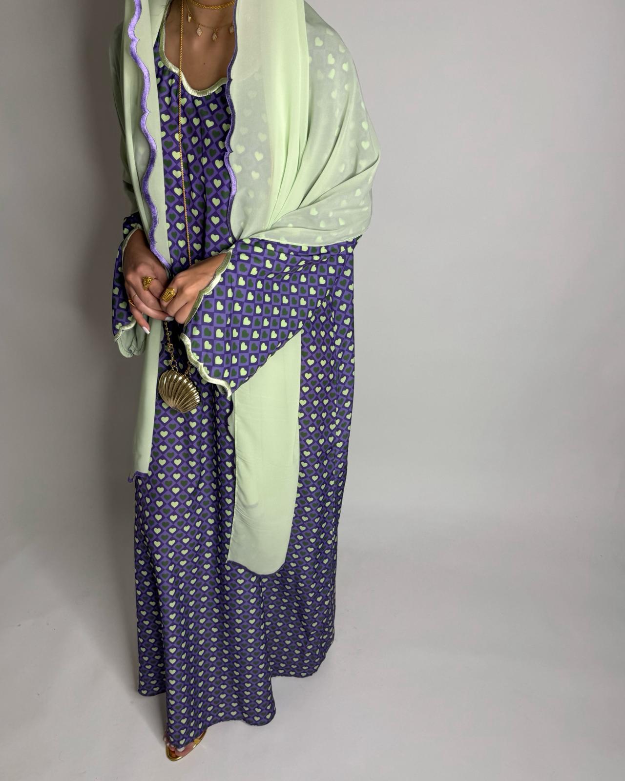 A511 - Purple & Green Heart Pattern Jalabiya and Head Scarf