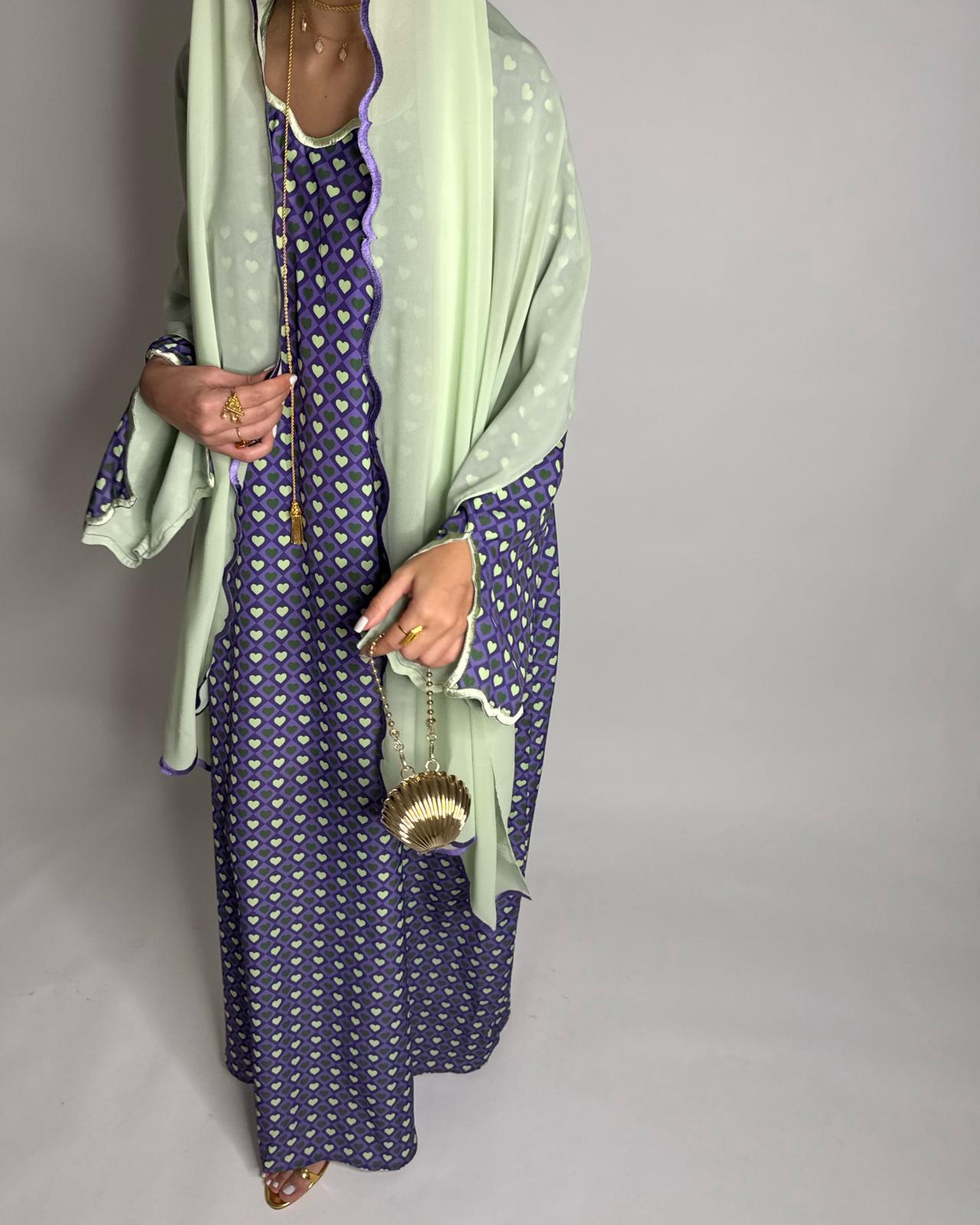 A511 - Purple & Green Heart Pattern Jalabiya and Head Scarf