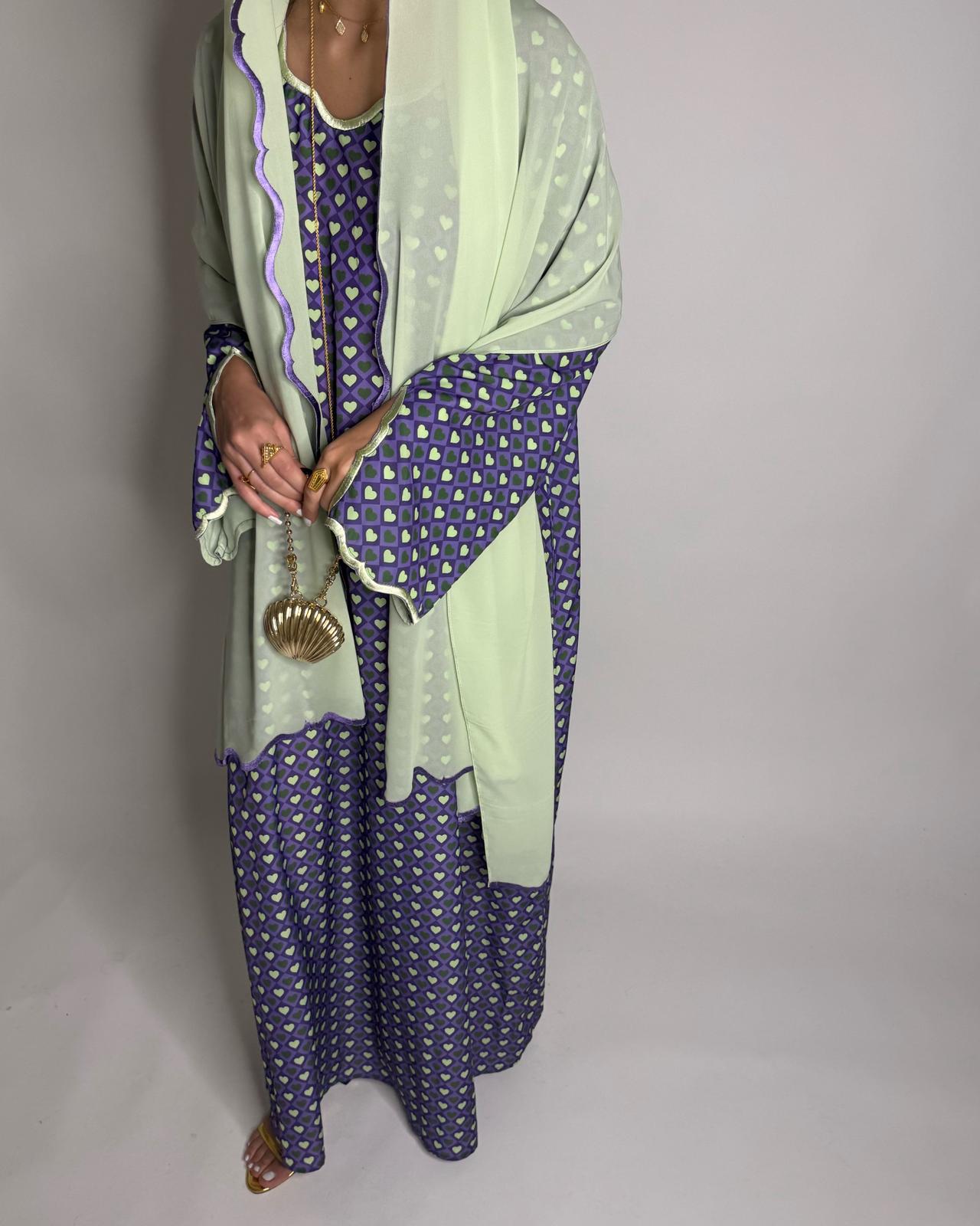 A511 - Purple & Green Heart Pattern Jalabiya and Head Scarf