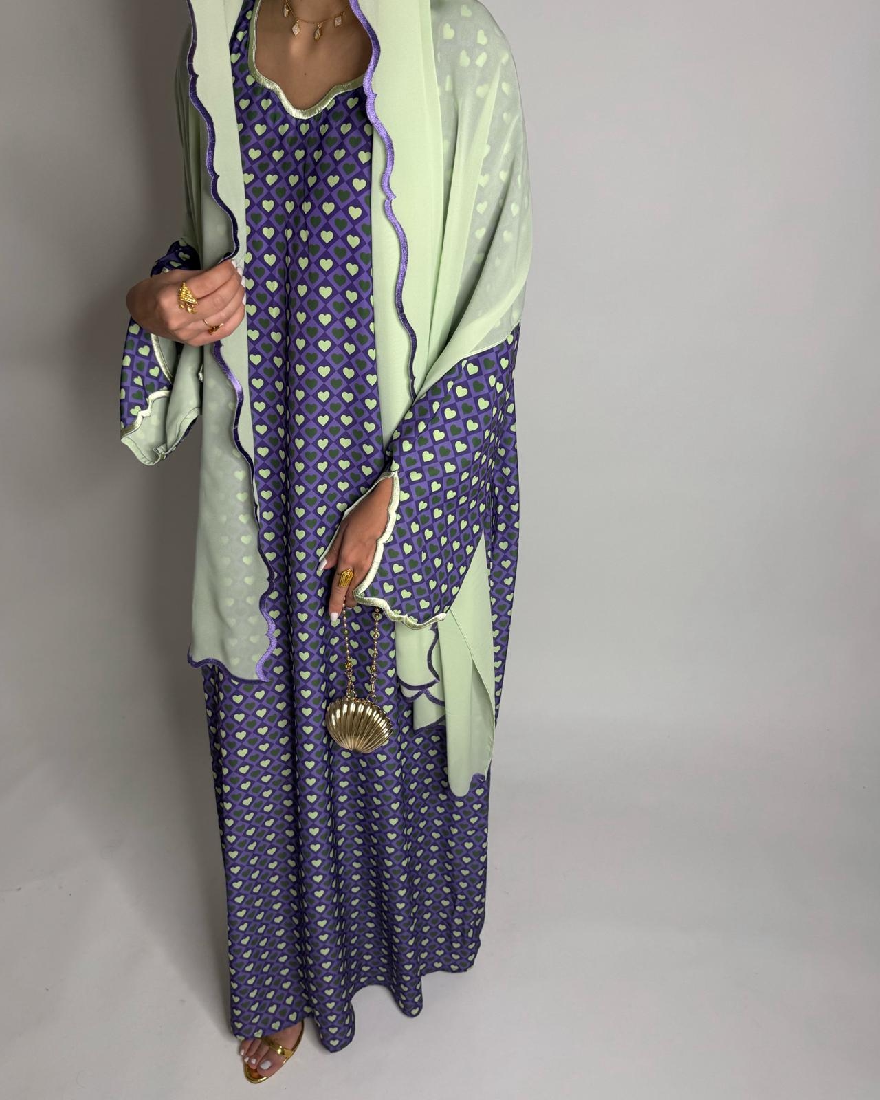 A511 - Purple & Green Heart Pattern Jalabiya and Head Scarf