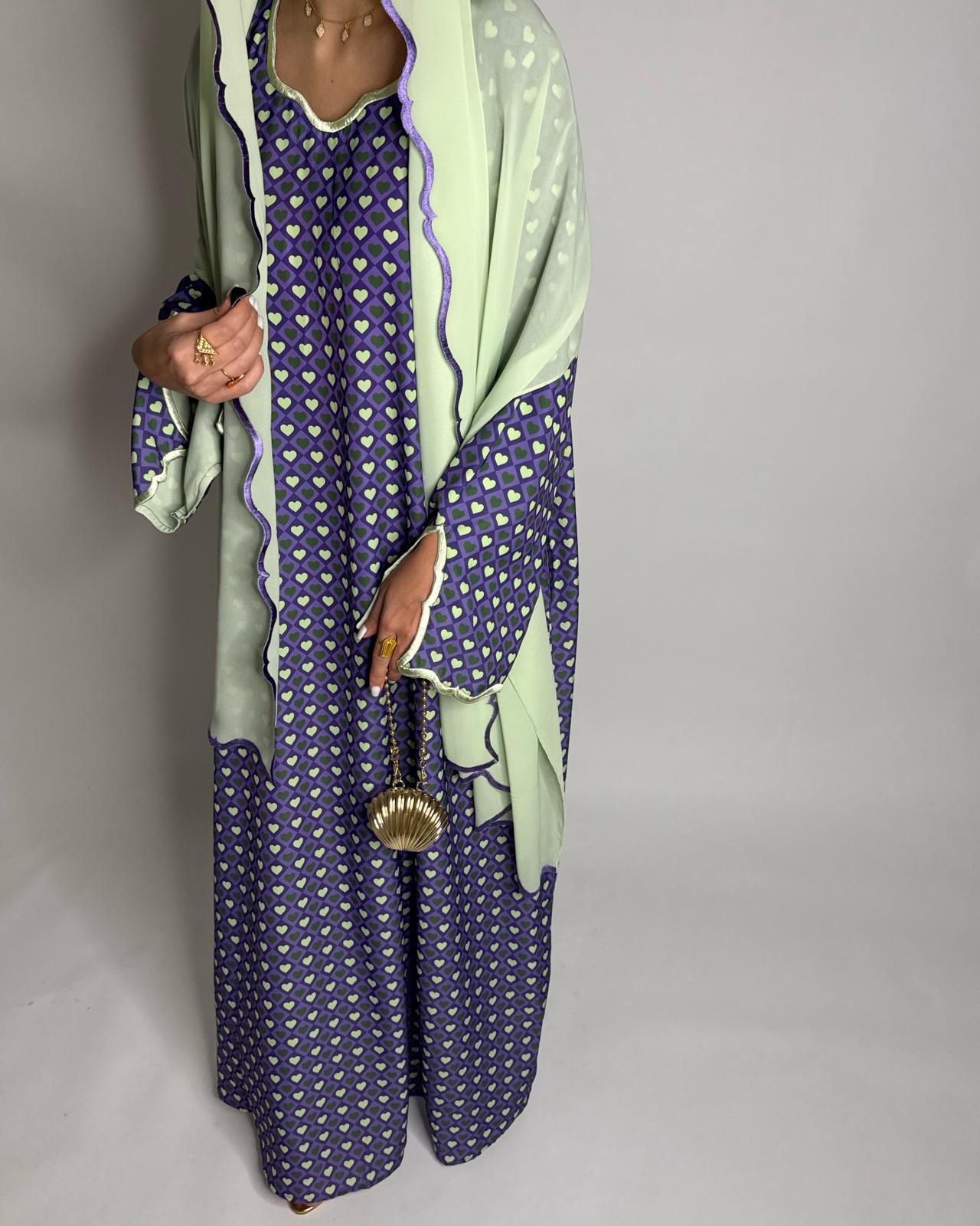A511 - Purple & Green Heart Pattern Jalabiya and Head Scarf