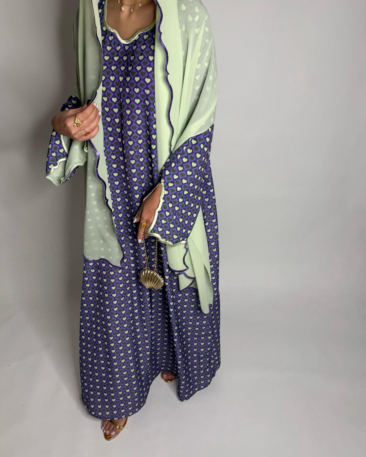 A511 - Purple & Green Heart Pattern Jalabiya and Head Scarf
