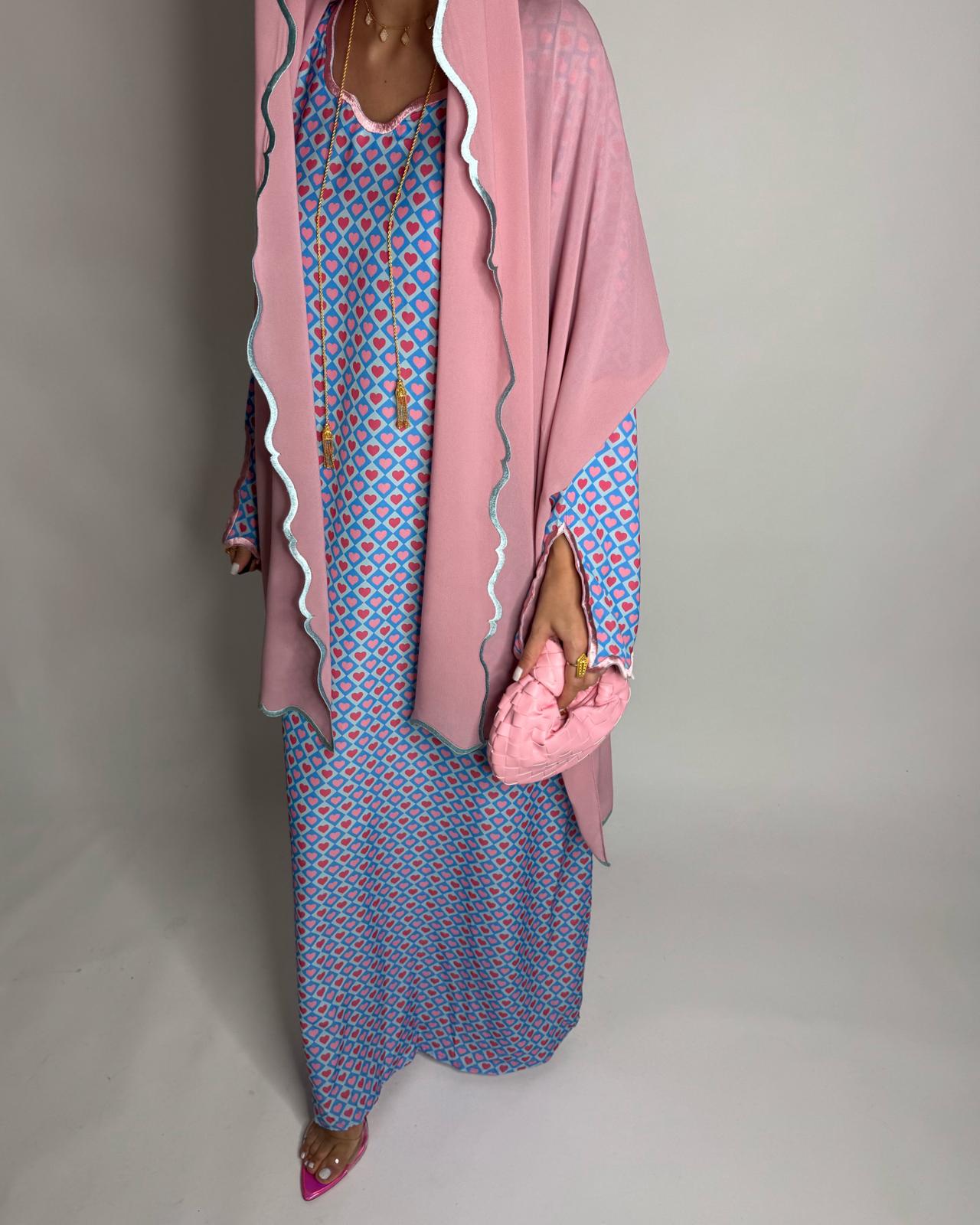 A514 -  Baby Blue & Pink Heart Pattern Jalabiya and Head Scarf
