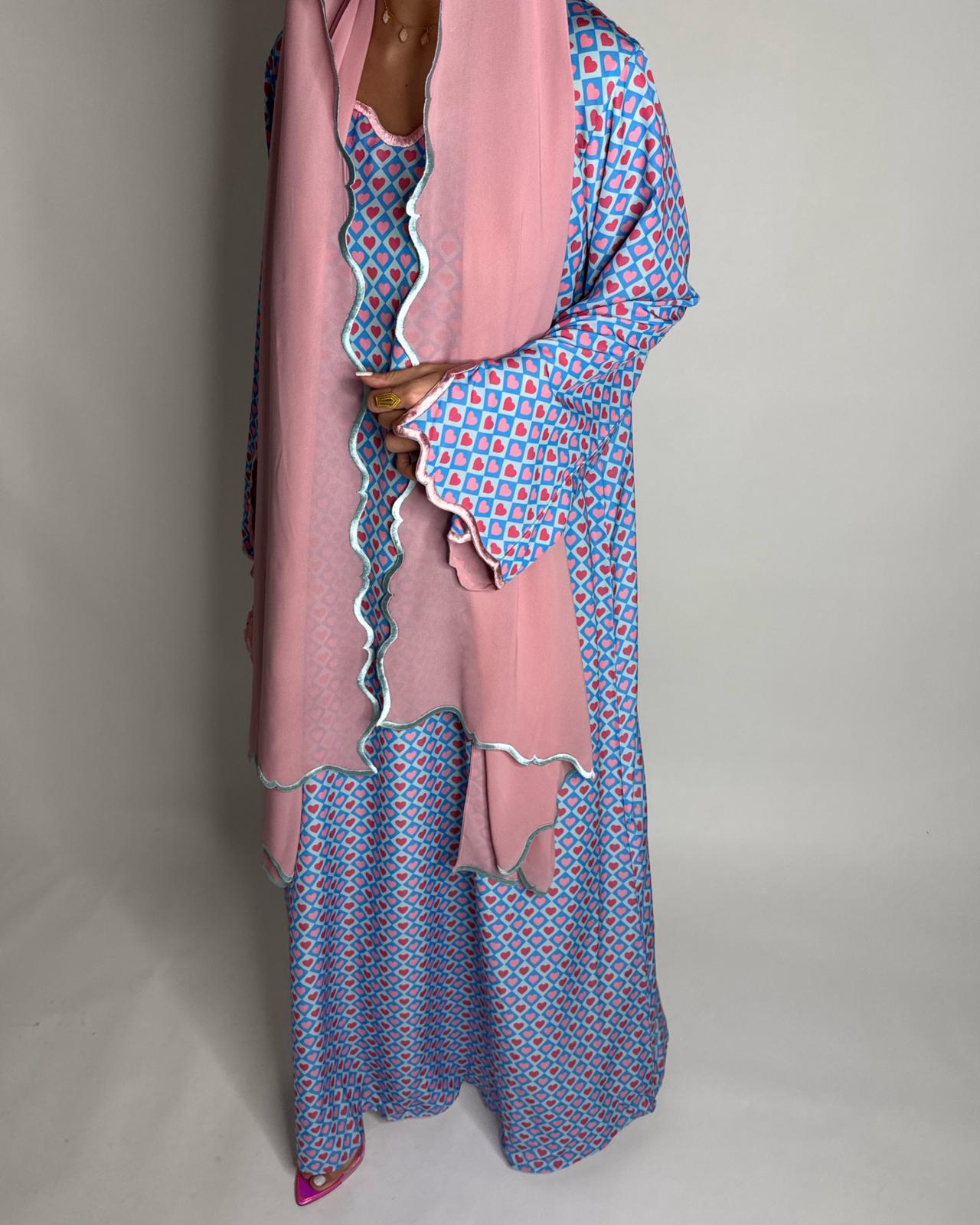 A514 -  Baby Blue & Pink Heart Pattern Jalabiya and Head Scarf
