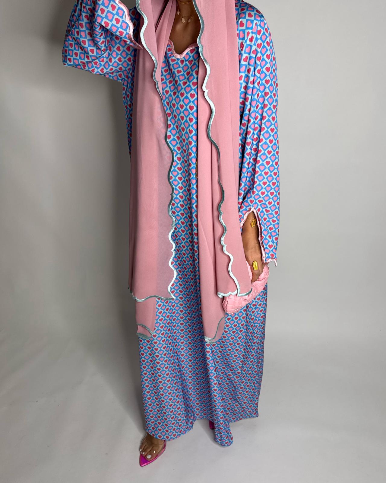 A514 -  Baby Blue & Pink Heart Pattern Jalabiya and Head Scarf