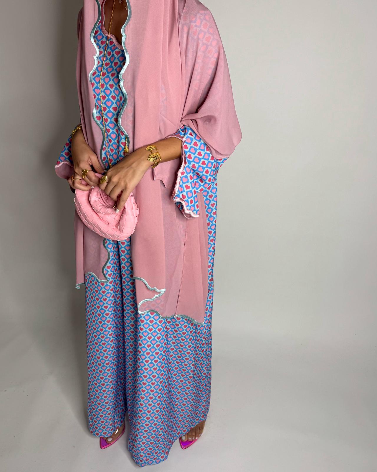 A514 -  Baby Blue & Pink Heart Pattern Jalabiya and Head Scarf