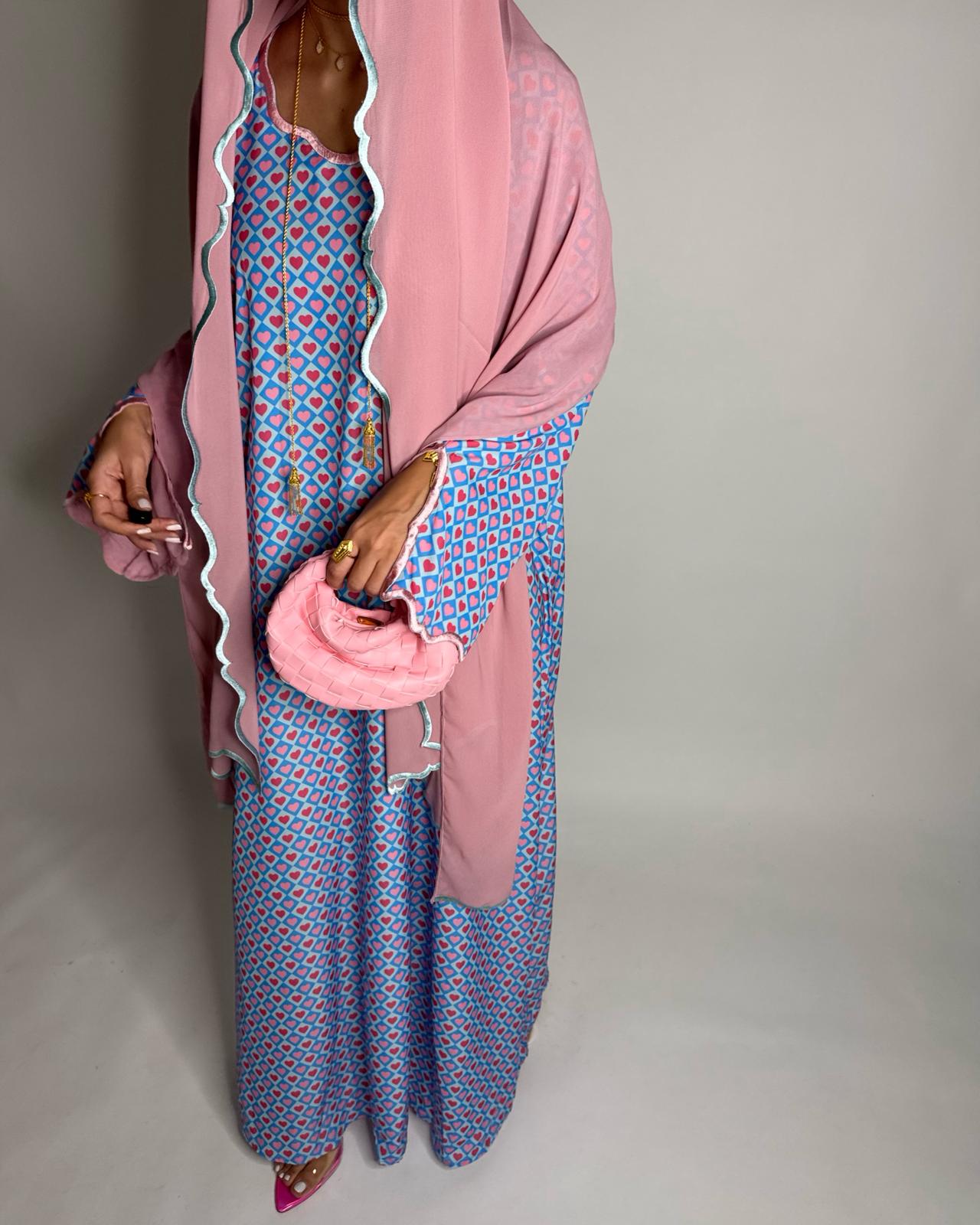 A514 -  Baby Blue & Pink Heart Pattern Jalabiya and Head Scarf
