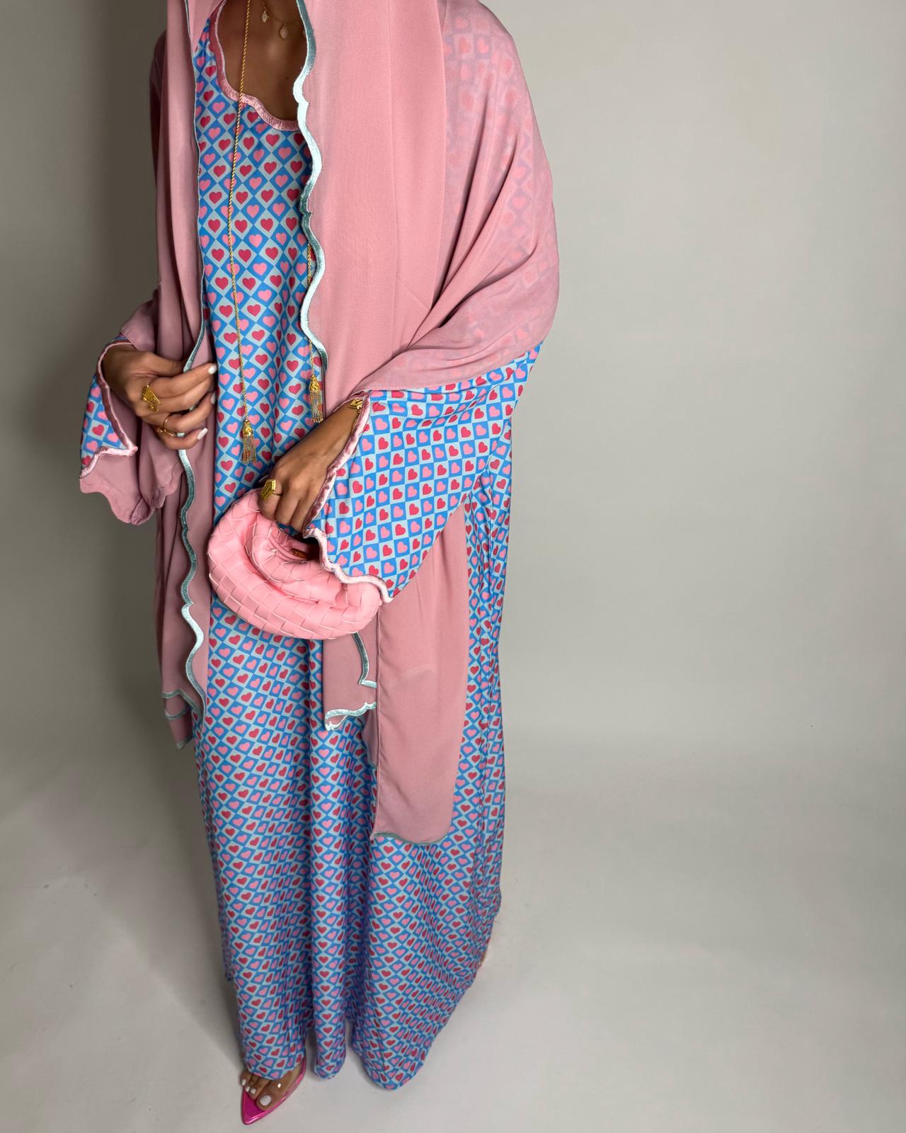 A514 -  Baby Blue & Pink Heart Pattern Jalabiya and Head Scarf