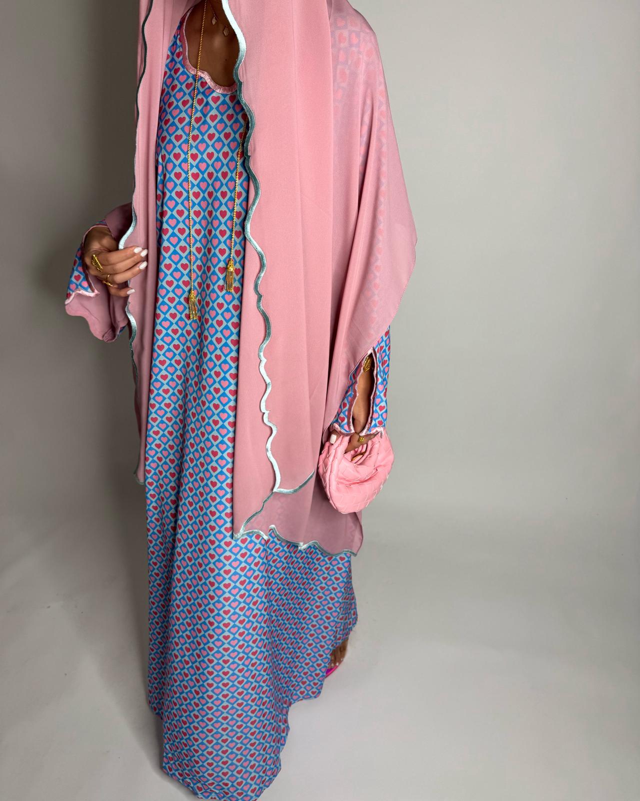 A514 -  Baby Blue & Pink Heart Pattern Jalabiya and Head Scarf