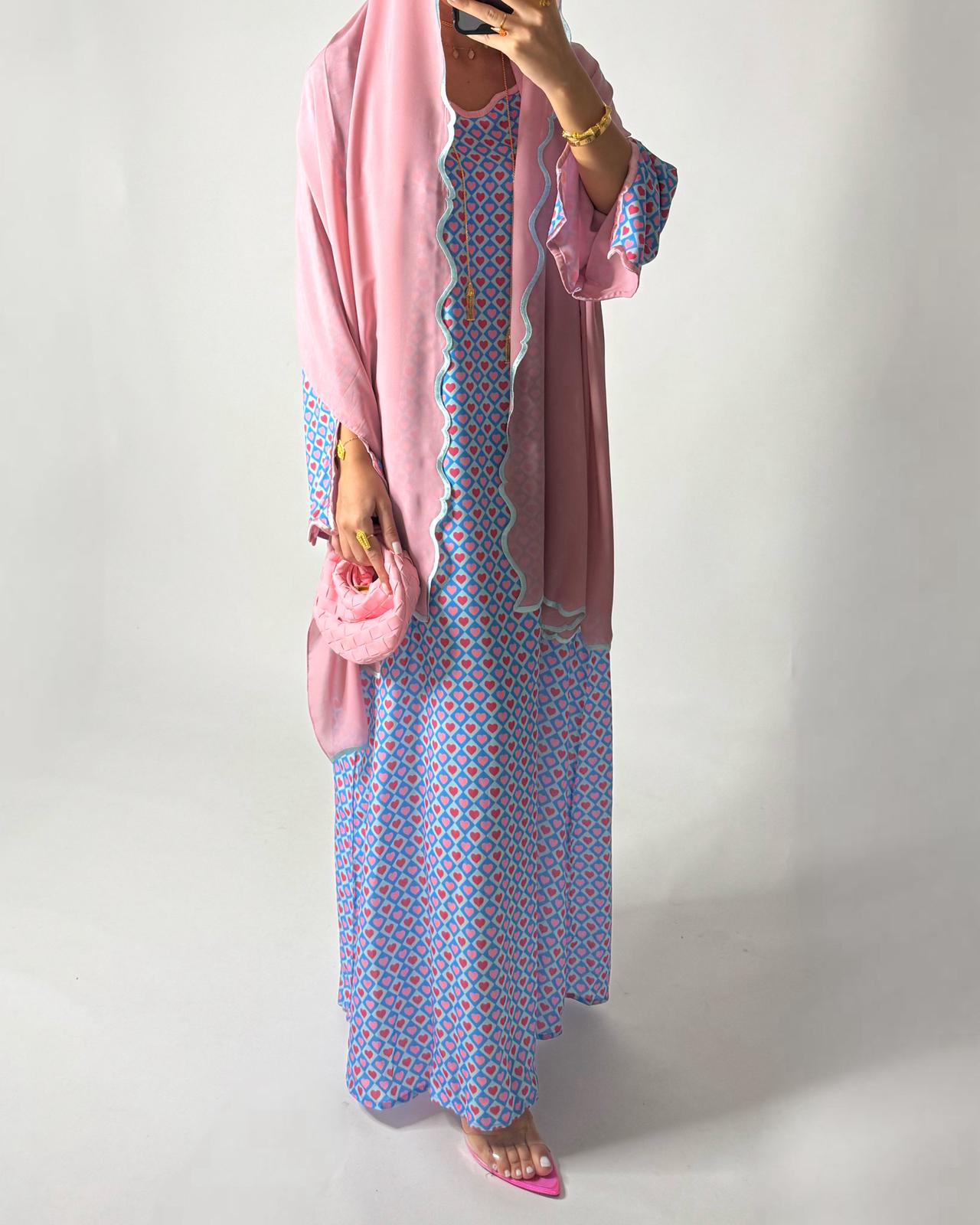 A514 -  Baby Blue & Pink Heart Pattern Jalabiya and Head Scarf