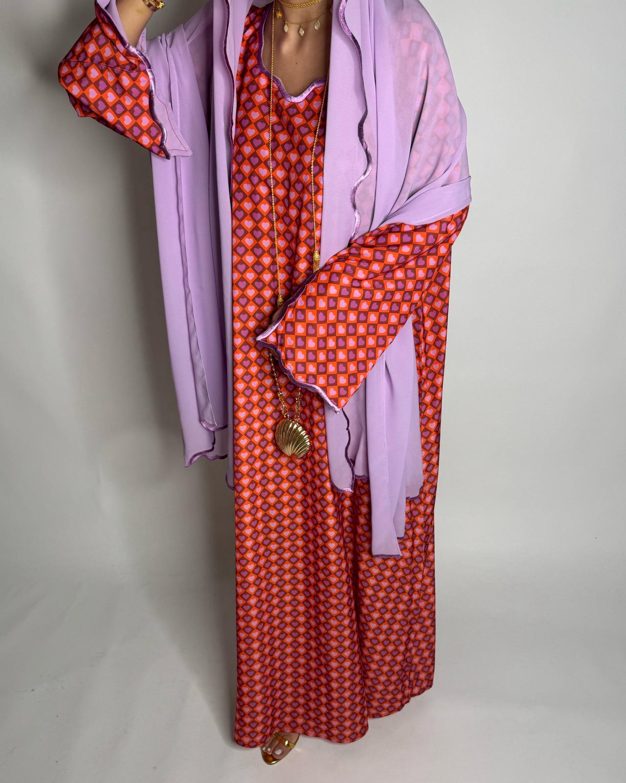 A512 - Red & Lilac Purple Heart Pattern Jalabiya and Head Scarf