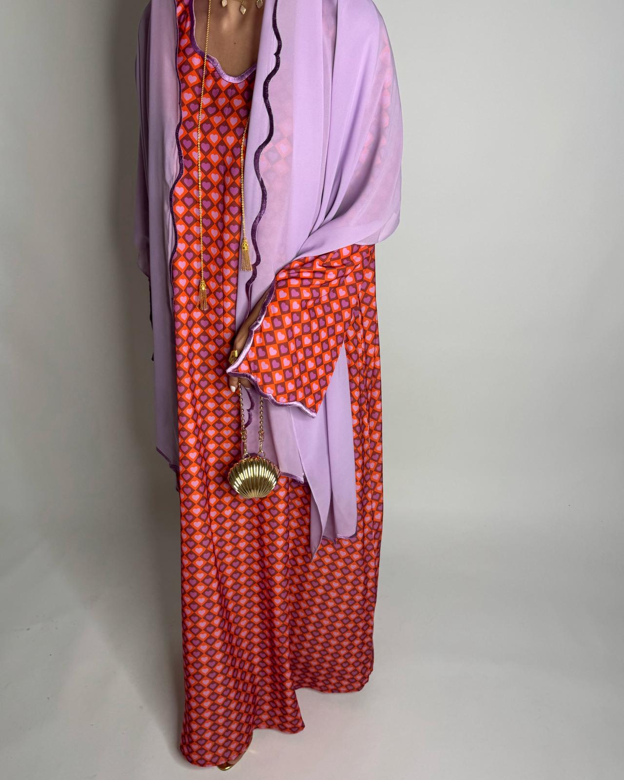 A512 - Red & Lilac Purple Heart Pattern Jalabiya and Head Scarf