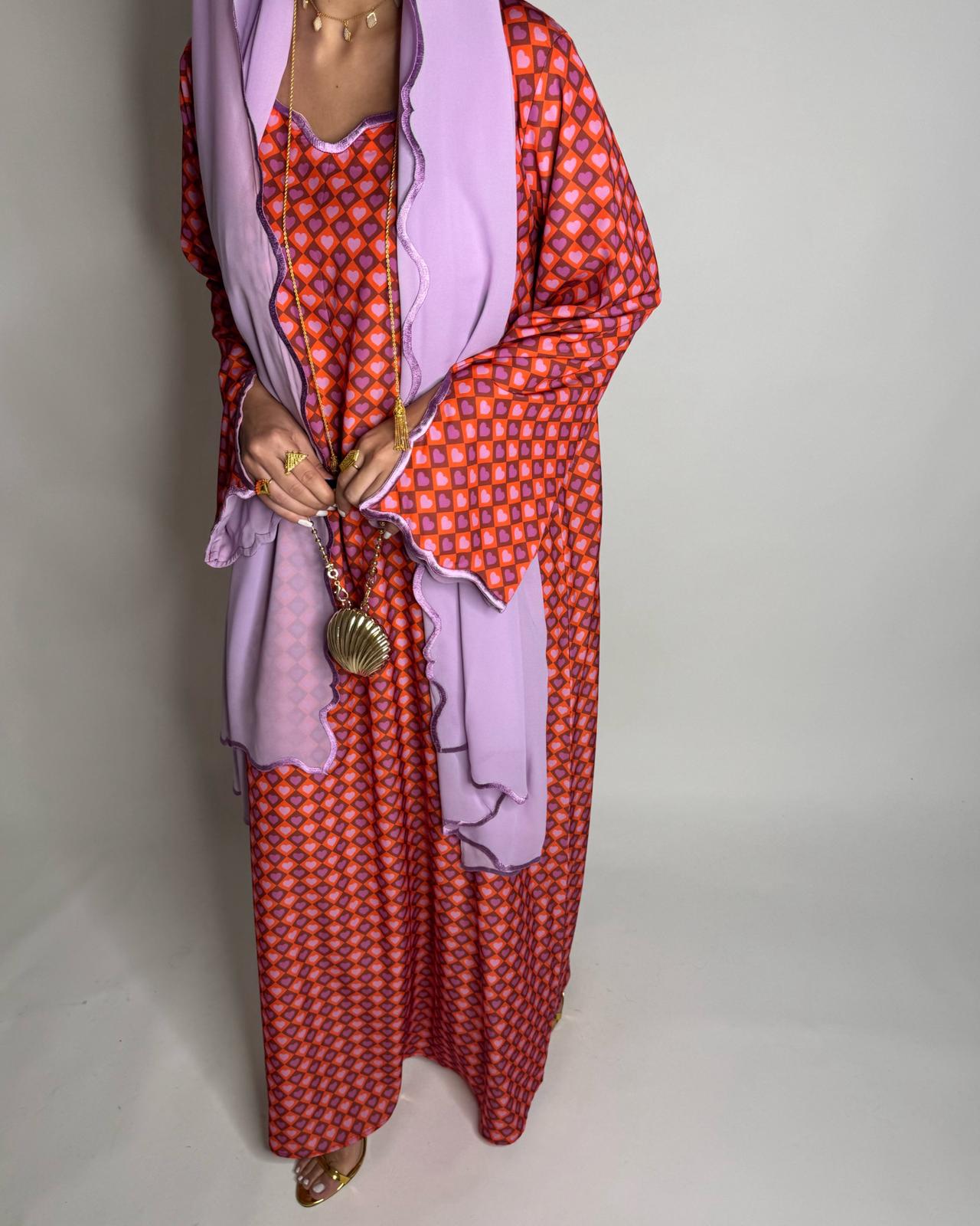 A512 - Red & Lilac Purple Heart Pattern Jalabiya and Head Scarf
