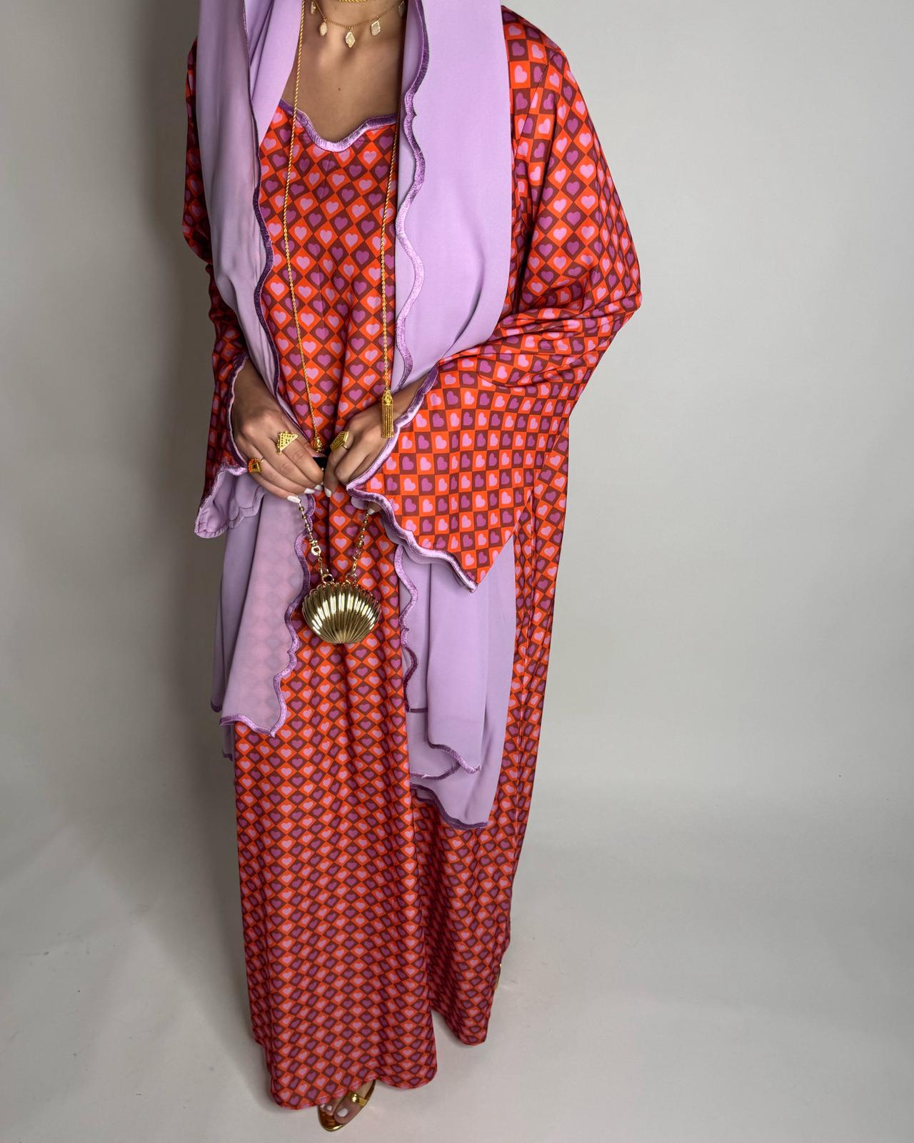 A512 - Red & Lilac Purple Heart Pattern Jalabiya and Head Scarf
