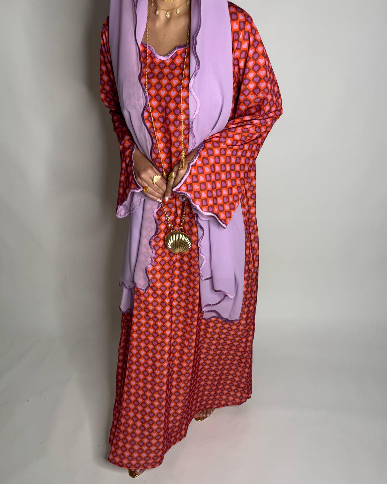 A512 - Red & Lilac Purple Heart Pattern Jalabiya and Head Scarf