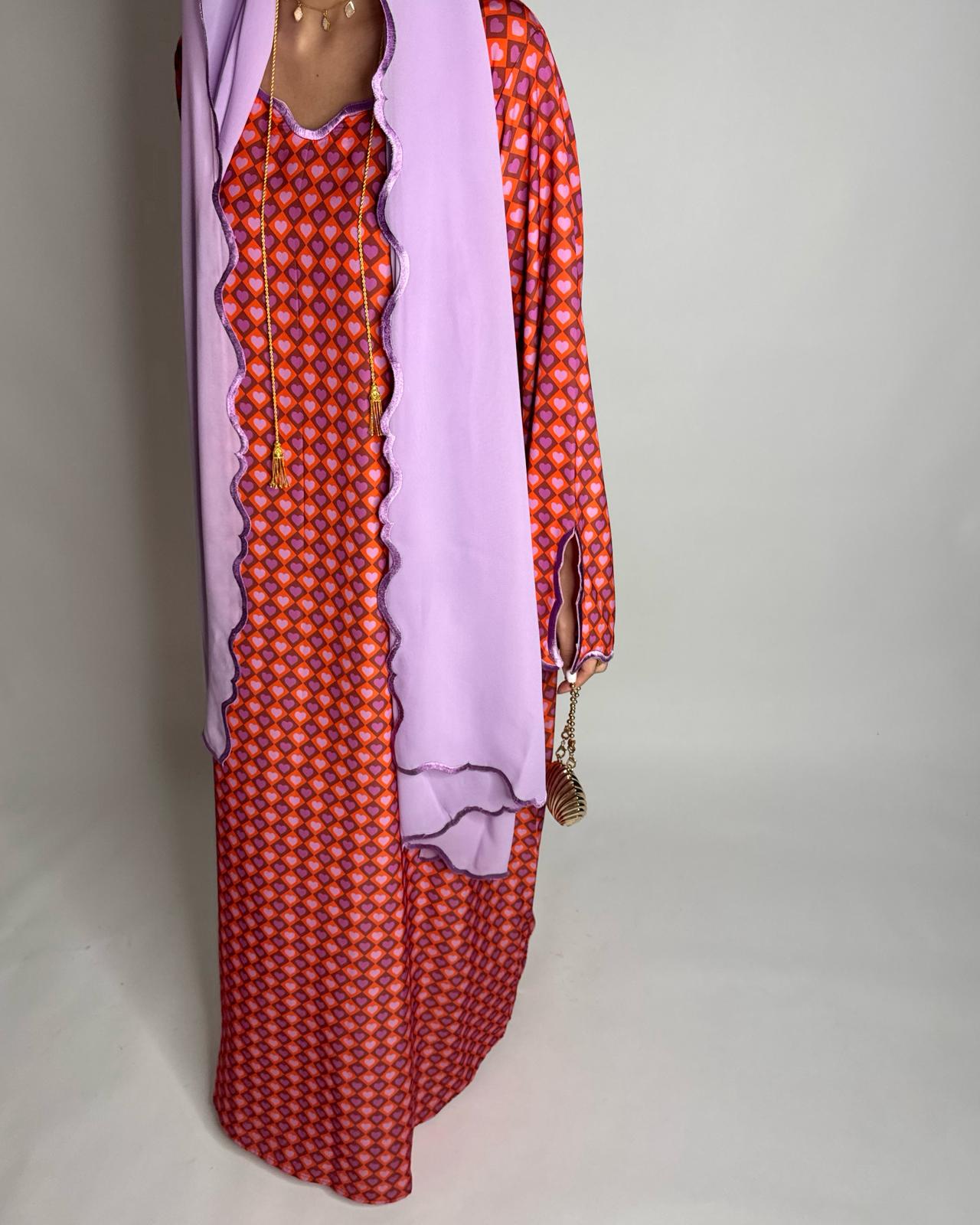 A512 - Red & Lilac Purple Heart Pattern Jalabiya and Head Scarf