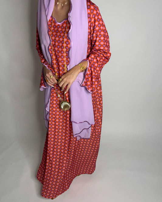 A512 - Red & Lilac Purple Heart Pattern Jalabiya and Head Scarf