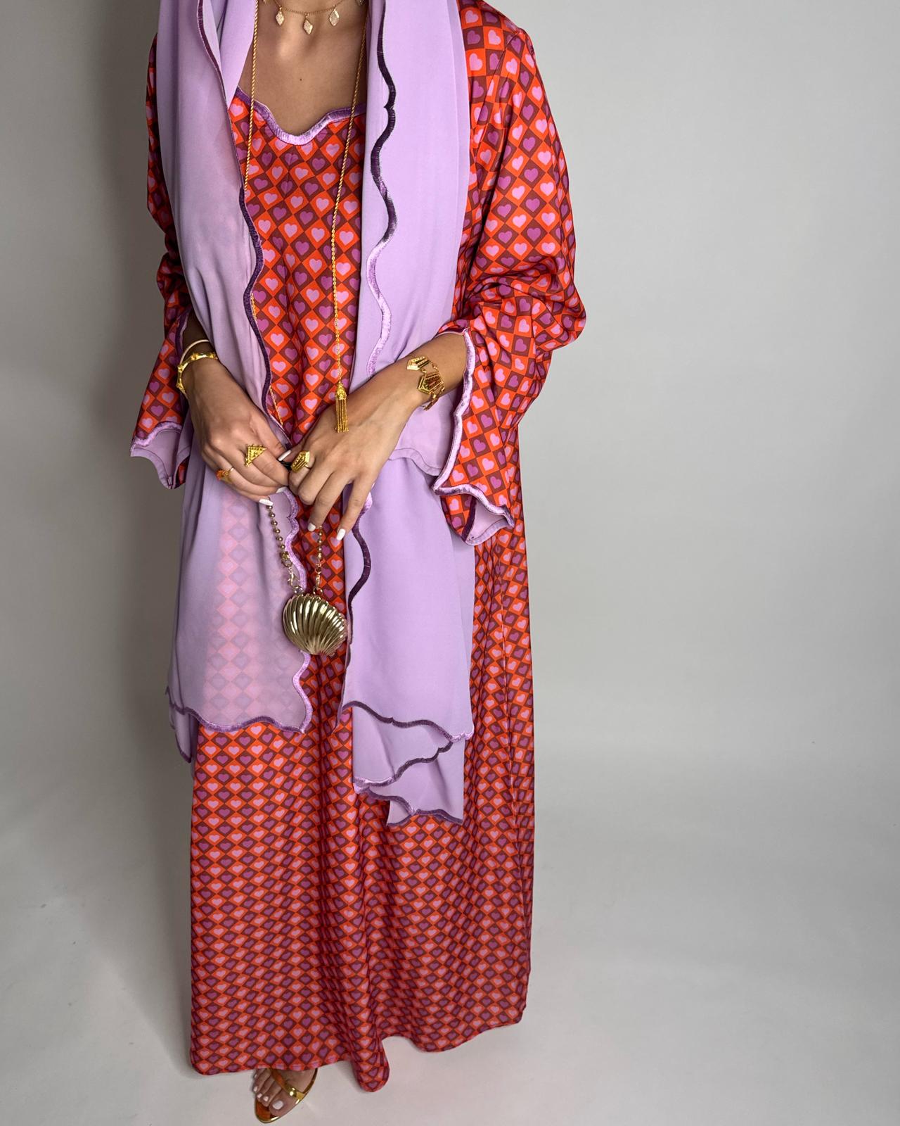 A512 - Red & Lilac Purple Heart Pattern Jalabiya and Head Scarf