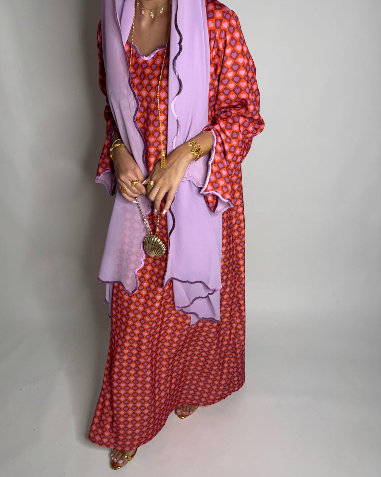 A512 - Red & Lilac Purple Heart Pattern Jalabiya and Head Scarf