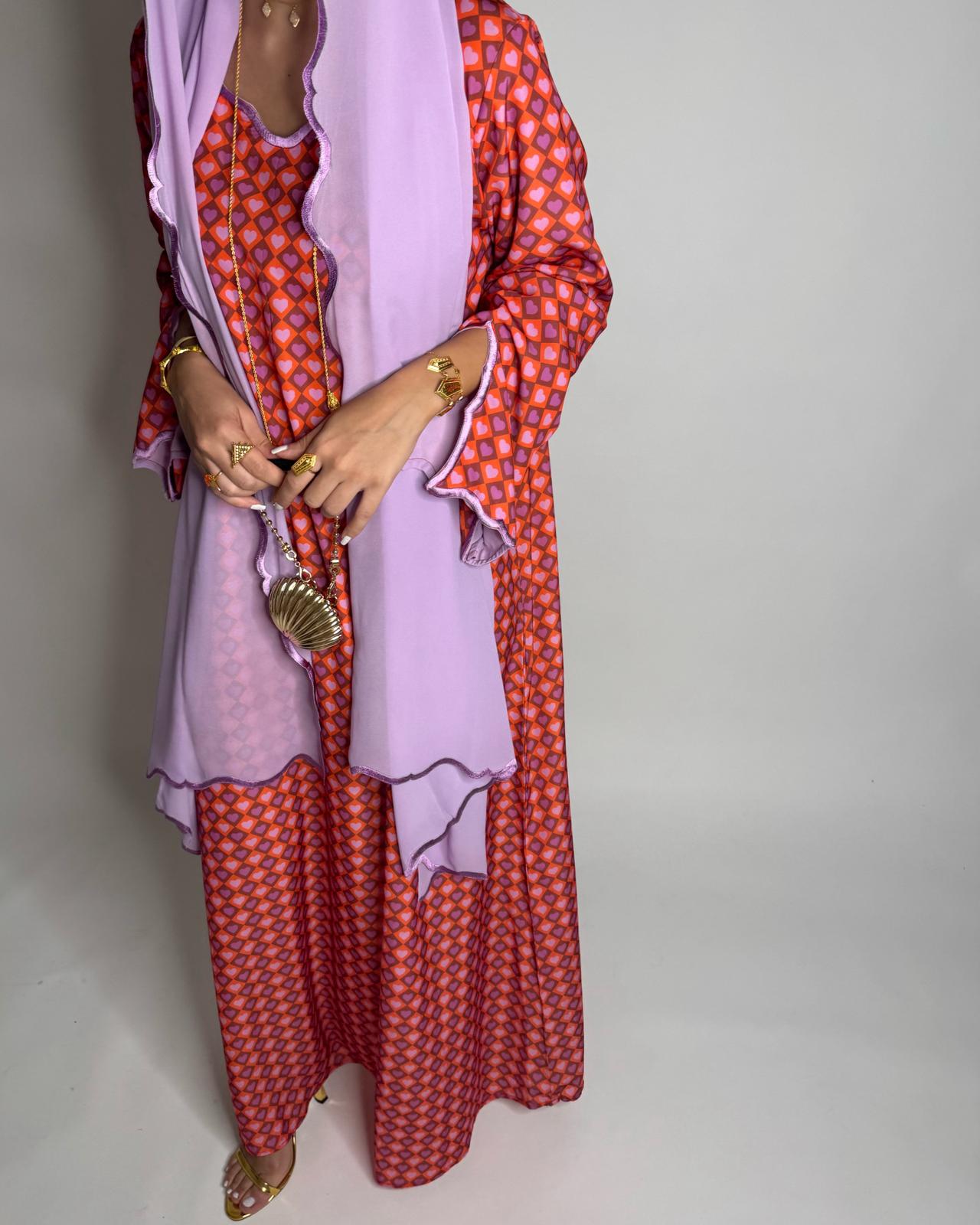 A512 - Red & Lilac Purple Heart Pattern Jalabiya and Head Scarf