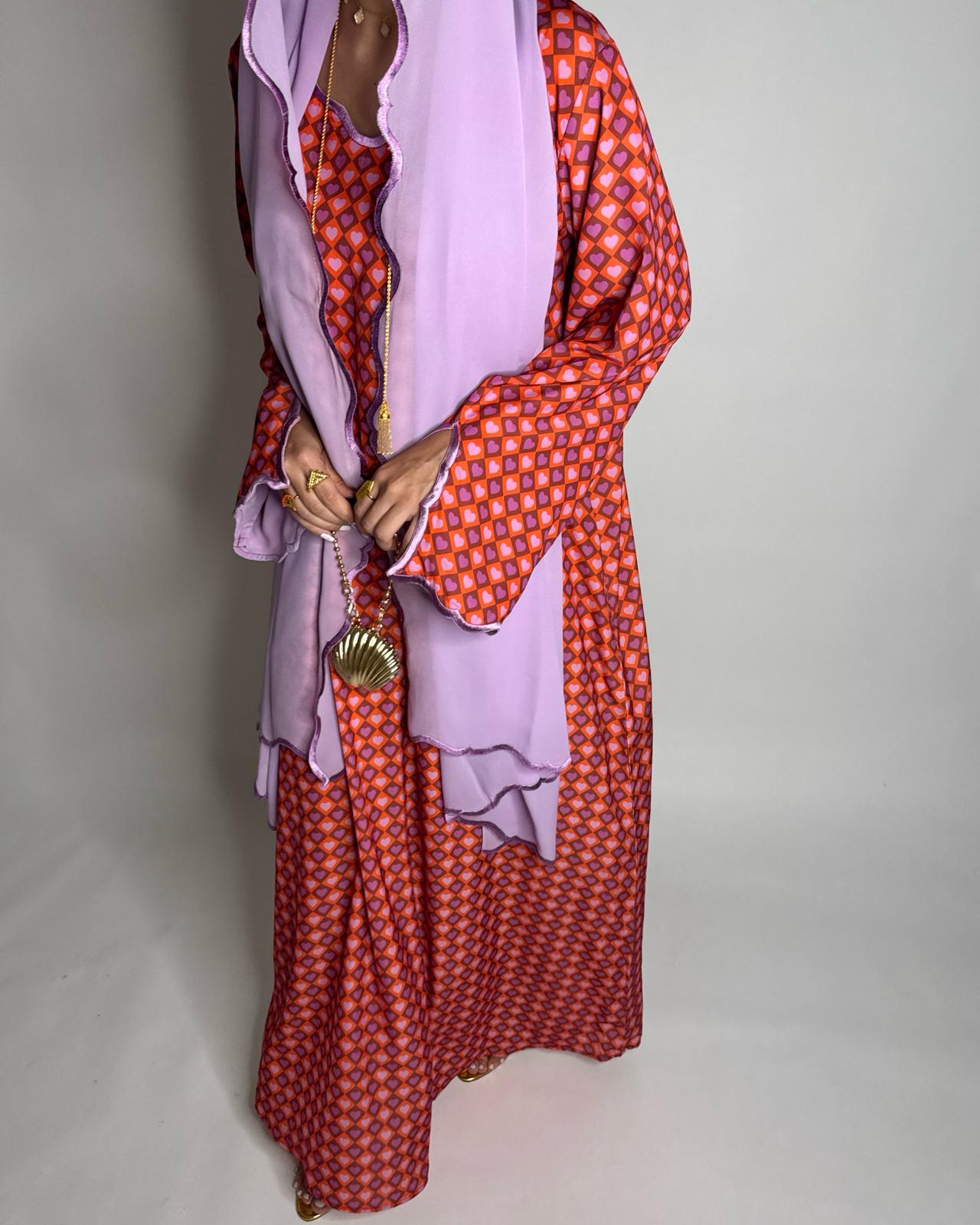 A512 - Red & Lilac Purple Heart Pattern Jalabiya and Head Scarf