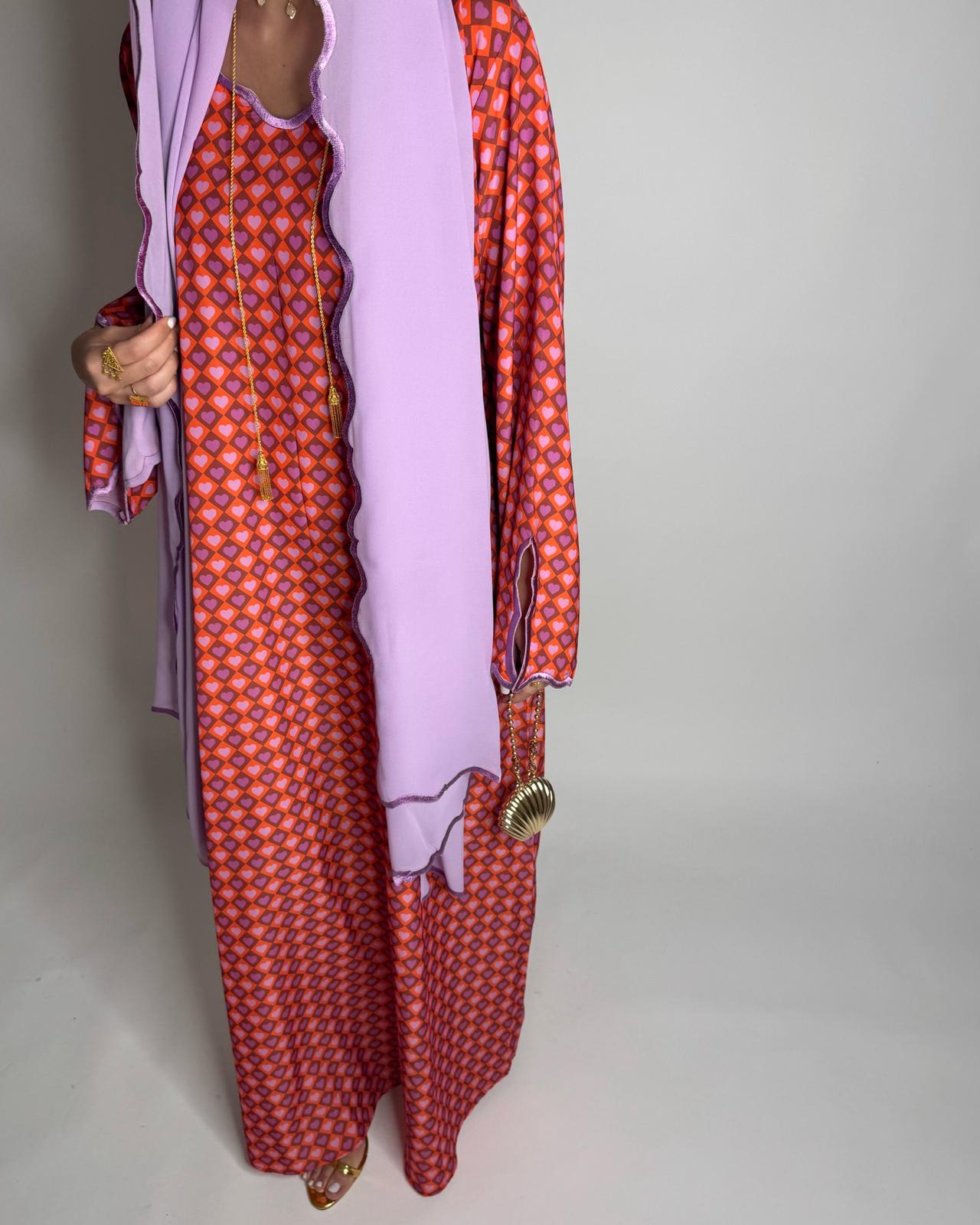 A512 - Red & Lilac Purple Heart Pattern Jalabiya and Head Scarf