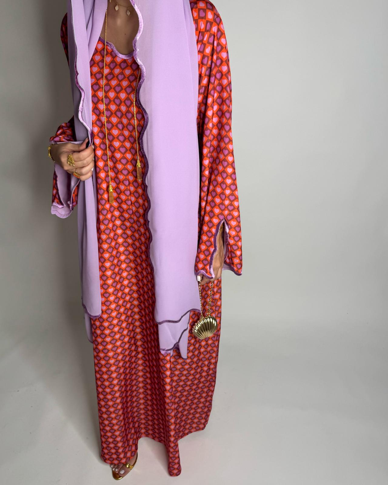 A512 - Red & Lilac Purple Heart Pattern Jalabiya and Head Scarf